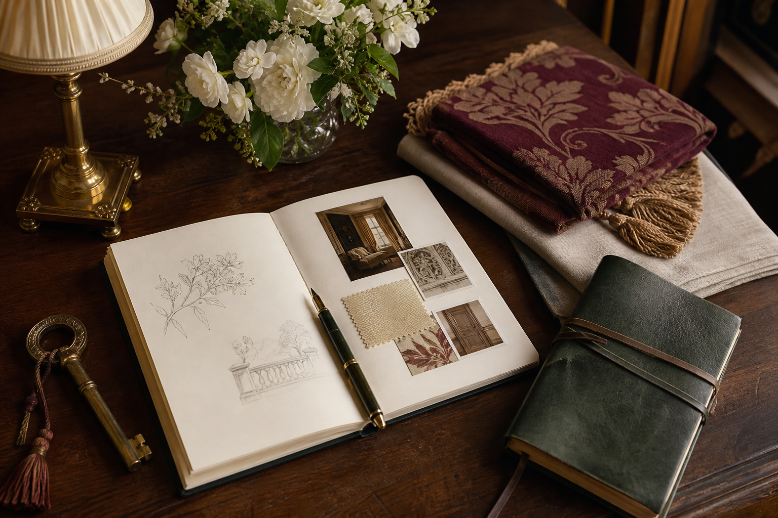 Cuaderno de viaje, textiles y llave antigua sobre una mesa de madera