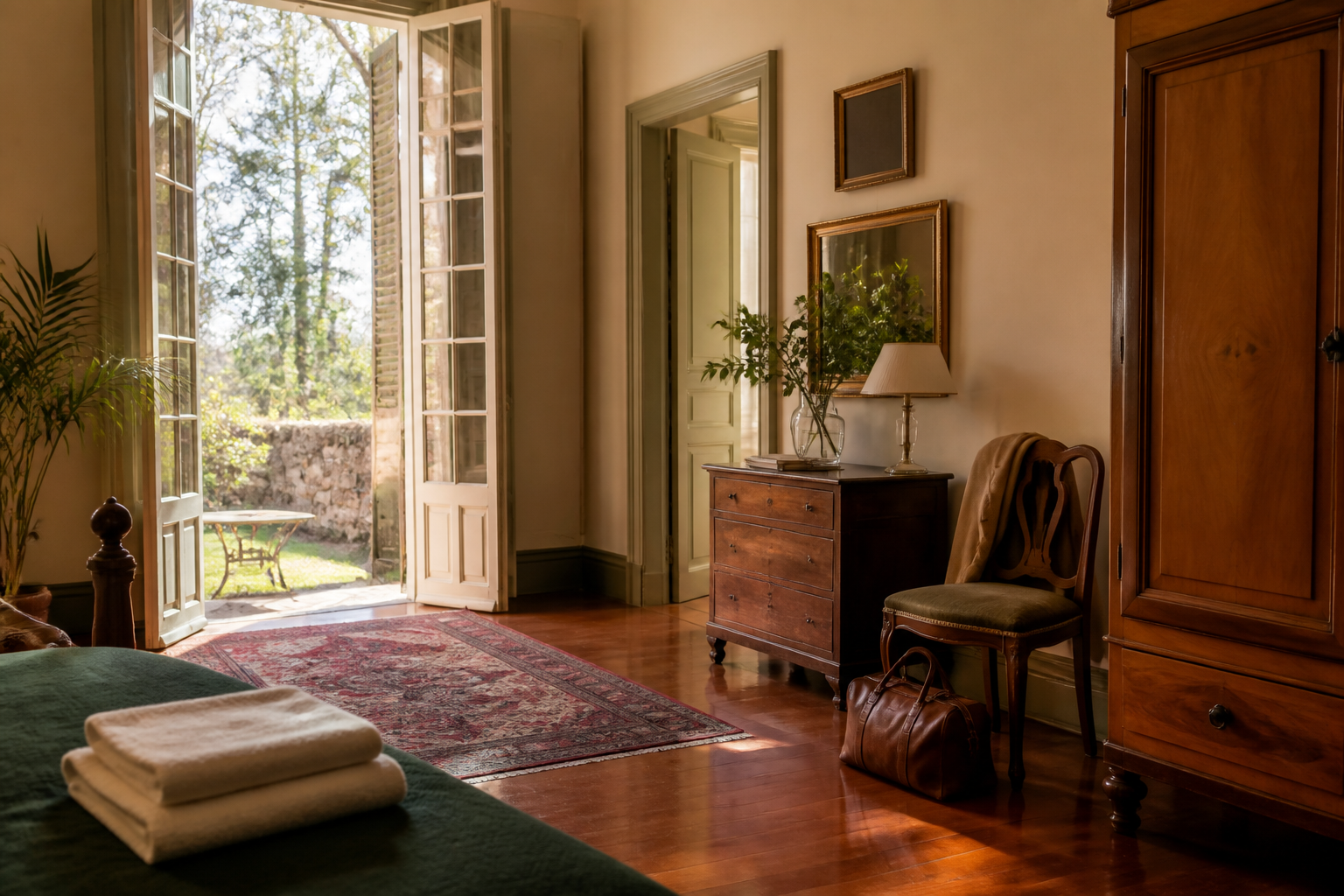 Habitacion historica de hotel rural con ventana abierta al jardin
