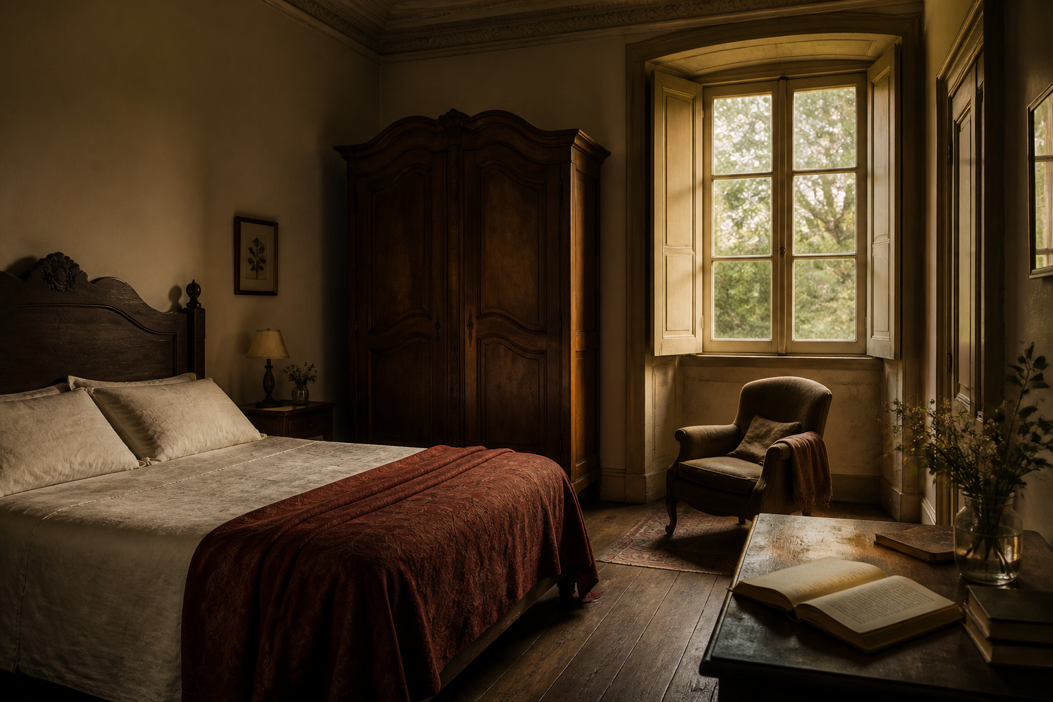 Dormitorio de ambiente historico con cama de lino ventana y muebles de madera