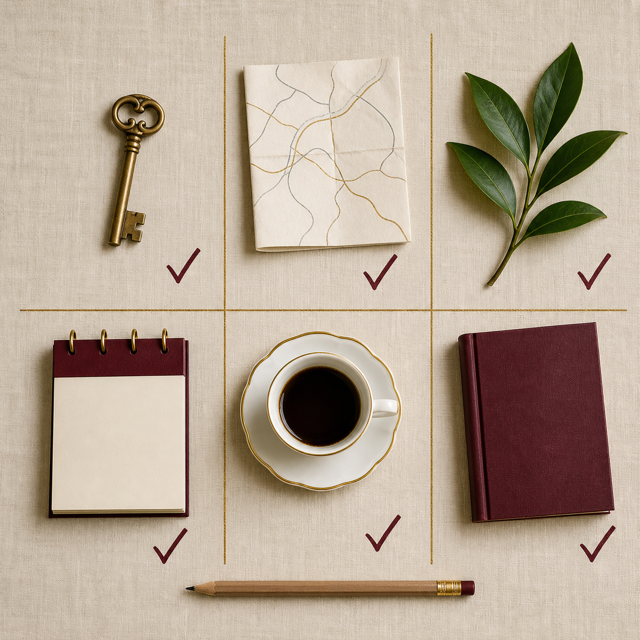 Checklist visual sin texto con llave mapa hoja calendario taza y libro