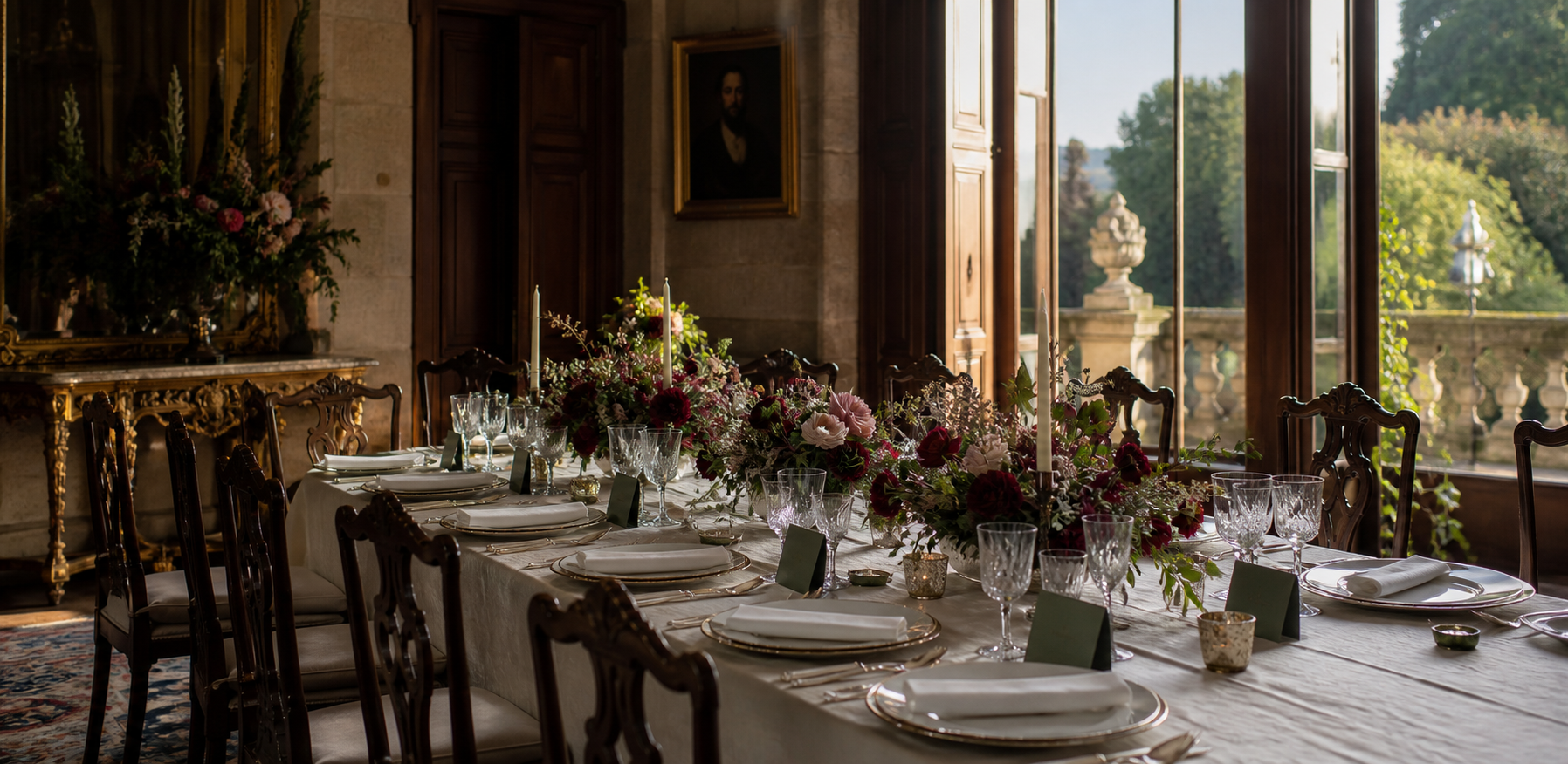 Mesa de boda preparada en un salon historico con jardin al fondo