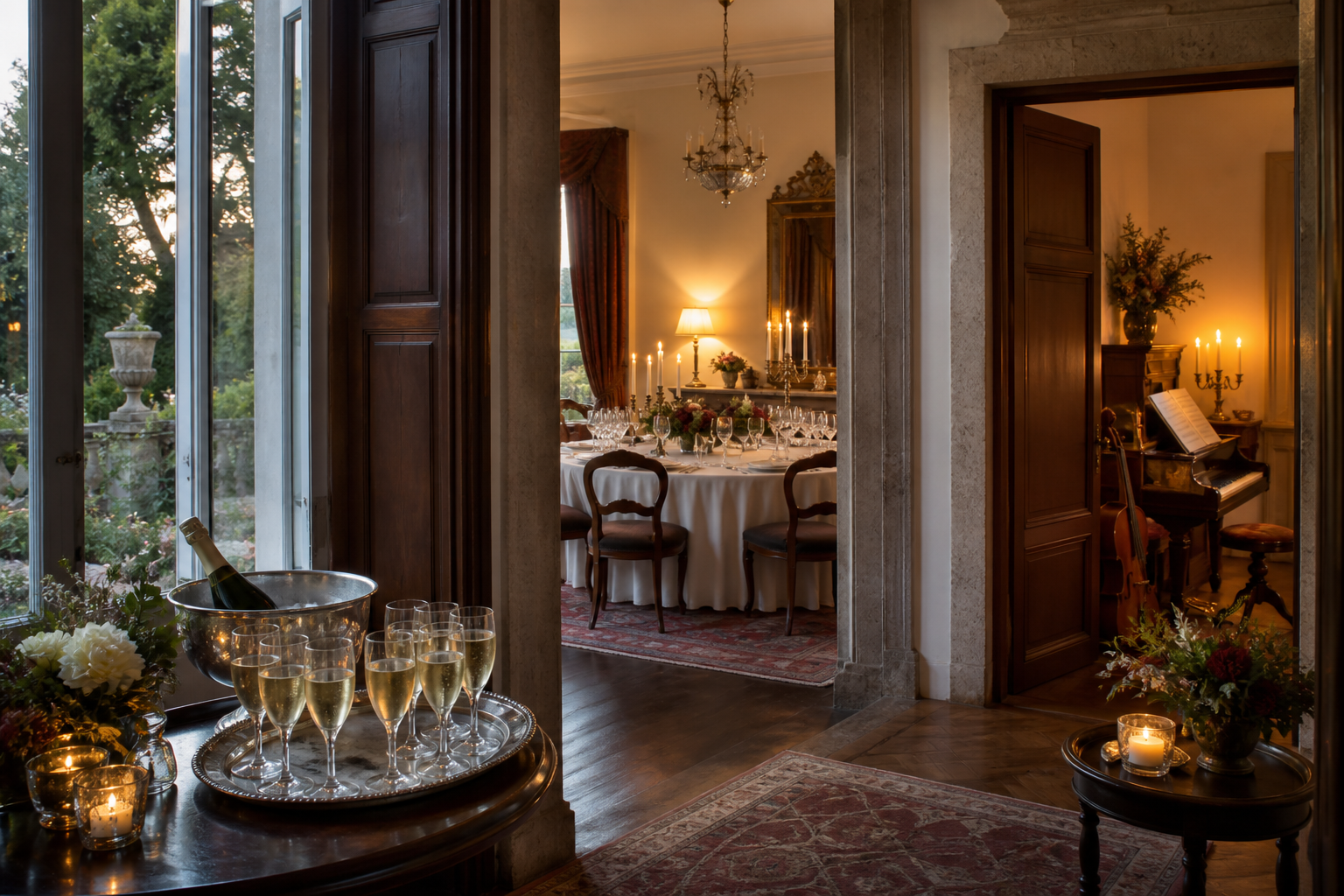 Recorrido de coctel, mesa y musica en una casa historica