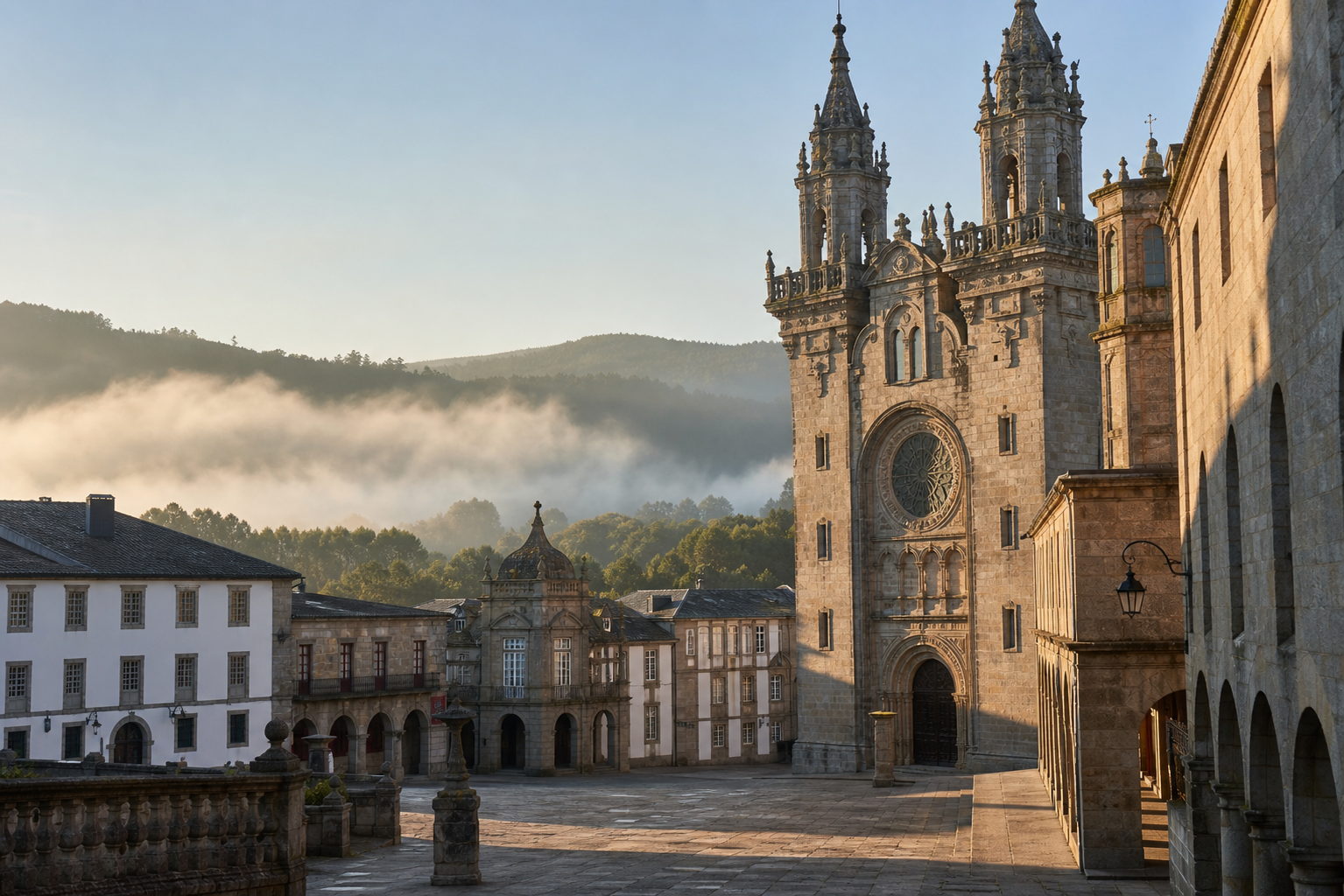 Plaza histórica de Mondoñedo con catedral y valle al amanecer