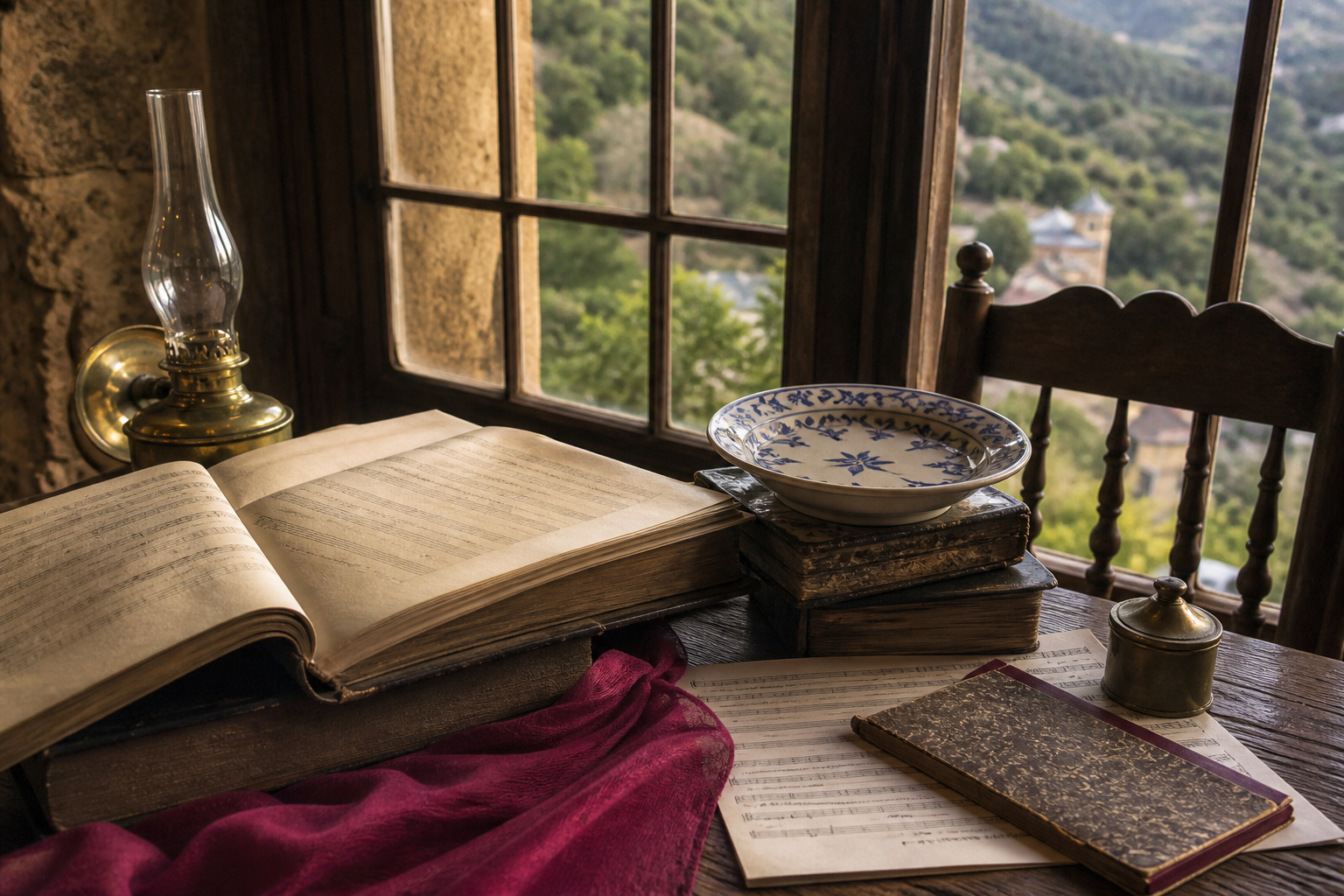 Mesa con libros y partituras frente al paisaje de Mondoñedo