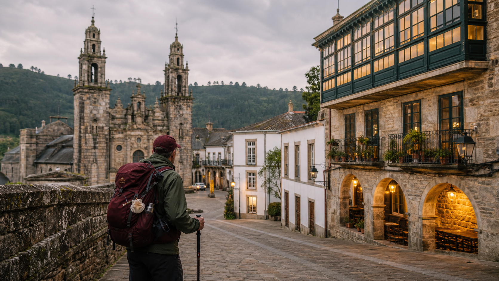 Peregrino llegando a Mondonedo por una calle historica del Camino del Norte