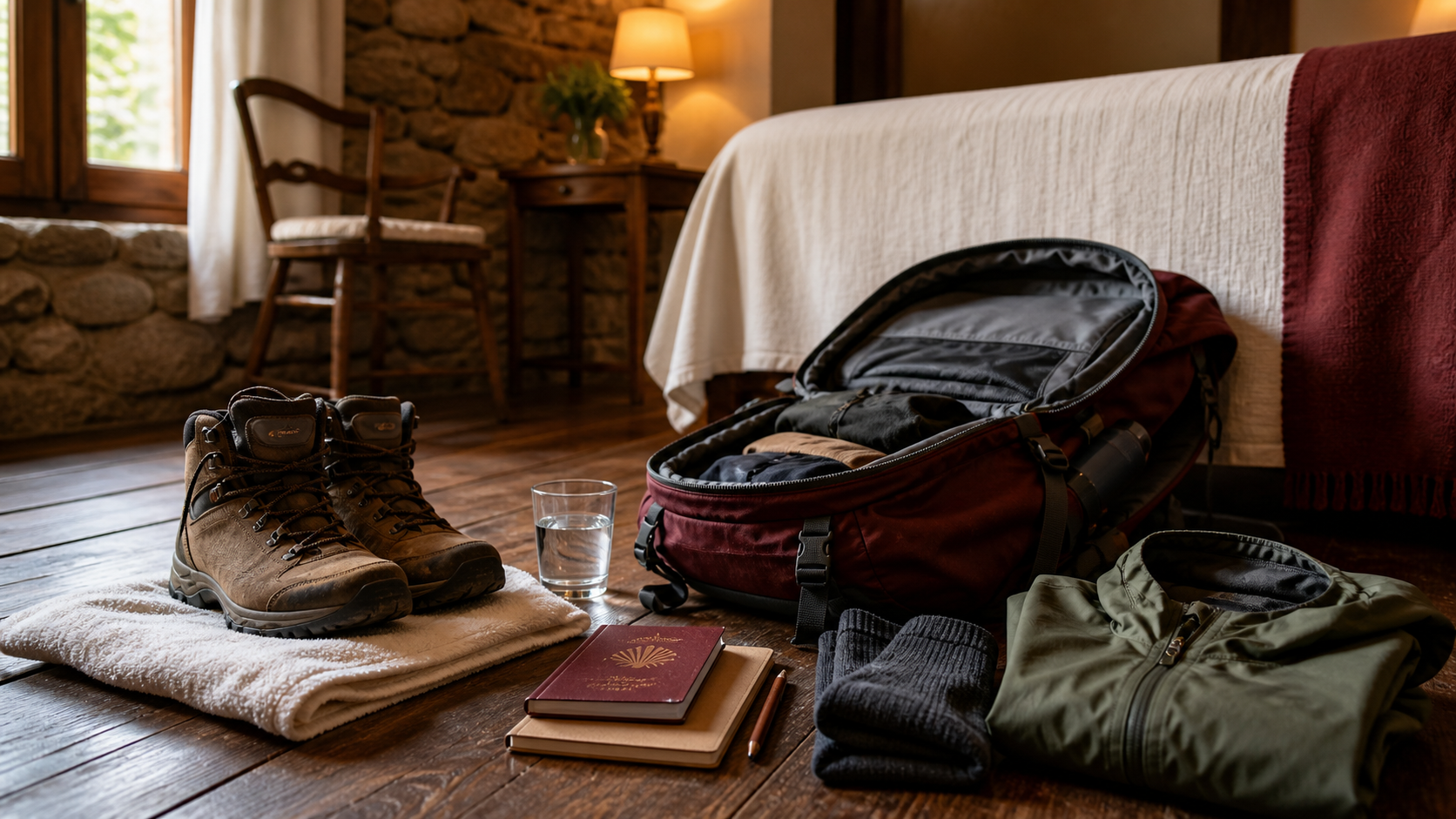 Botas mochila y ropa de peregrino ordenadas en una habitacion historica