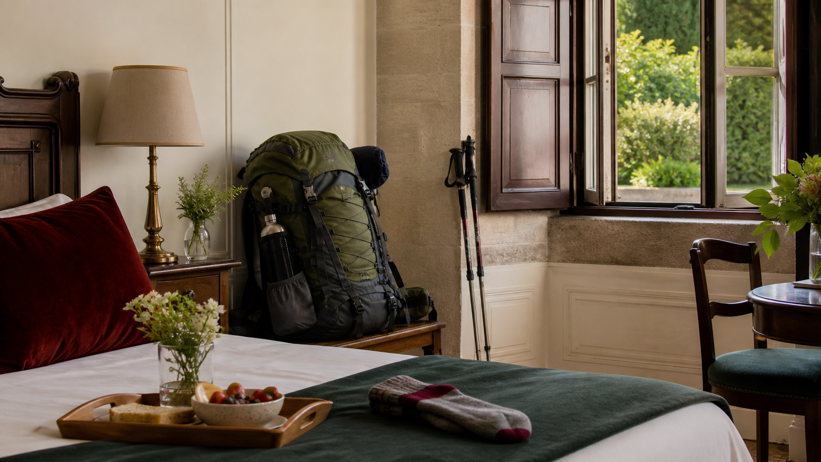 Mochila bastones y desayuno ligero junto a una ventana de alojamiento historico