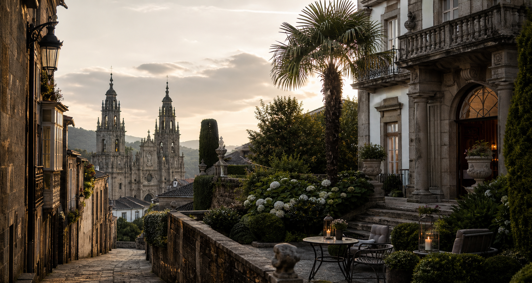 Mondoñedo histórico con jardín y arquitectura de piedra al atardecer