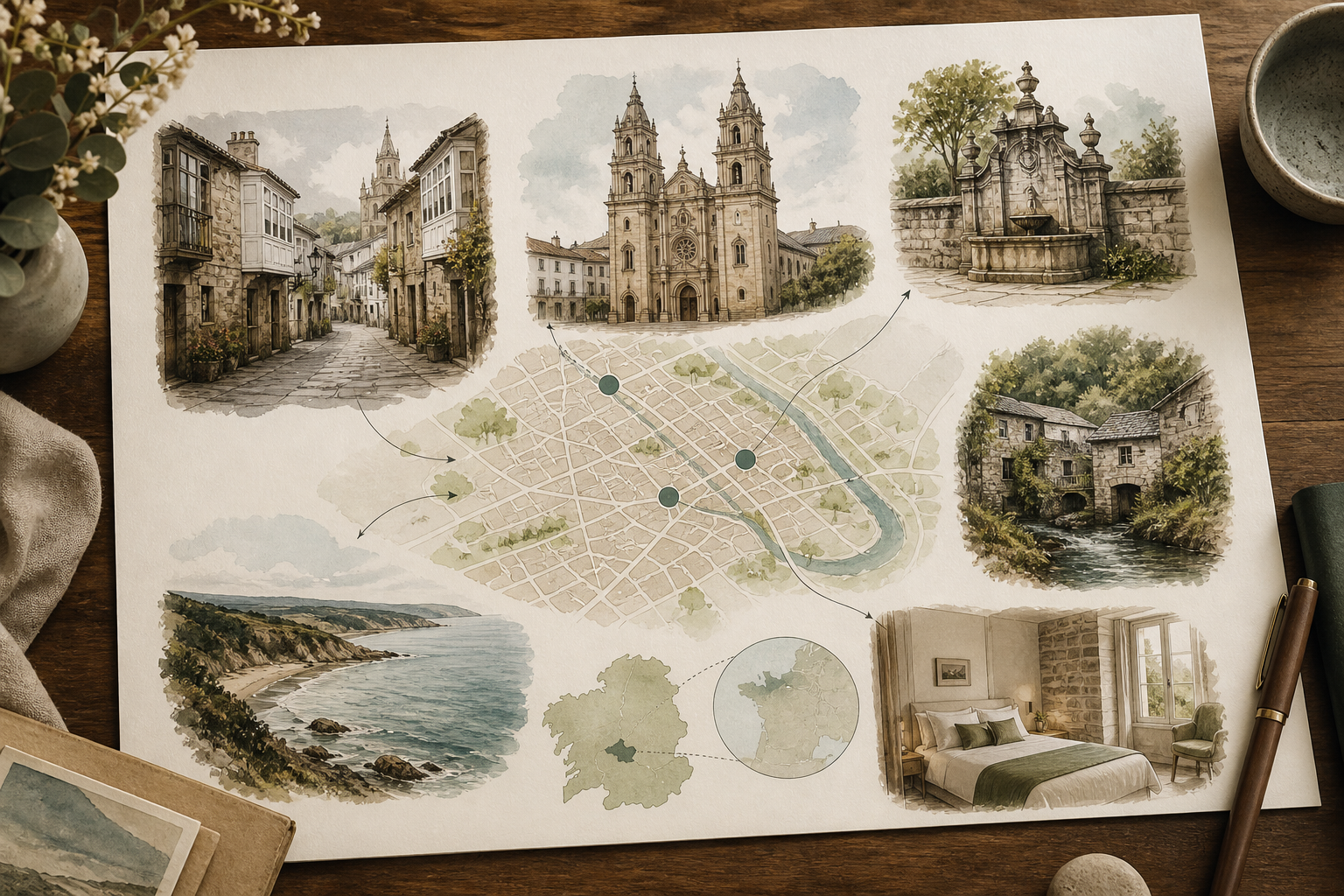 Mapa editorial con Catedral de Mondoñedo, calles históricas, costa de A Mariña y estancia boutique