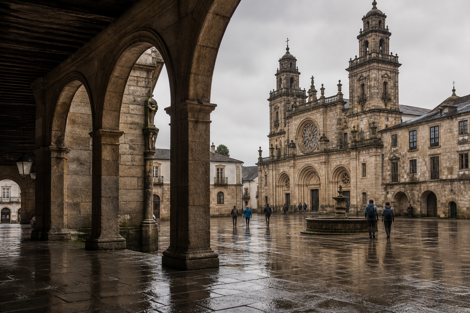 Plaza histórica y Catedral de Mondoñedo bajo la lluvia