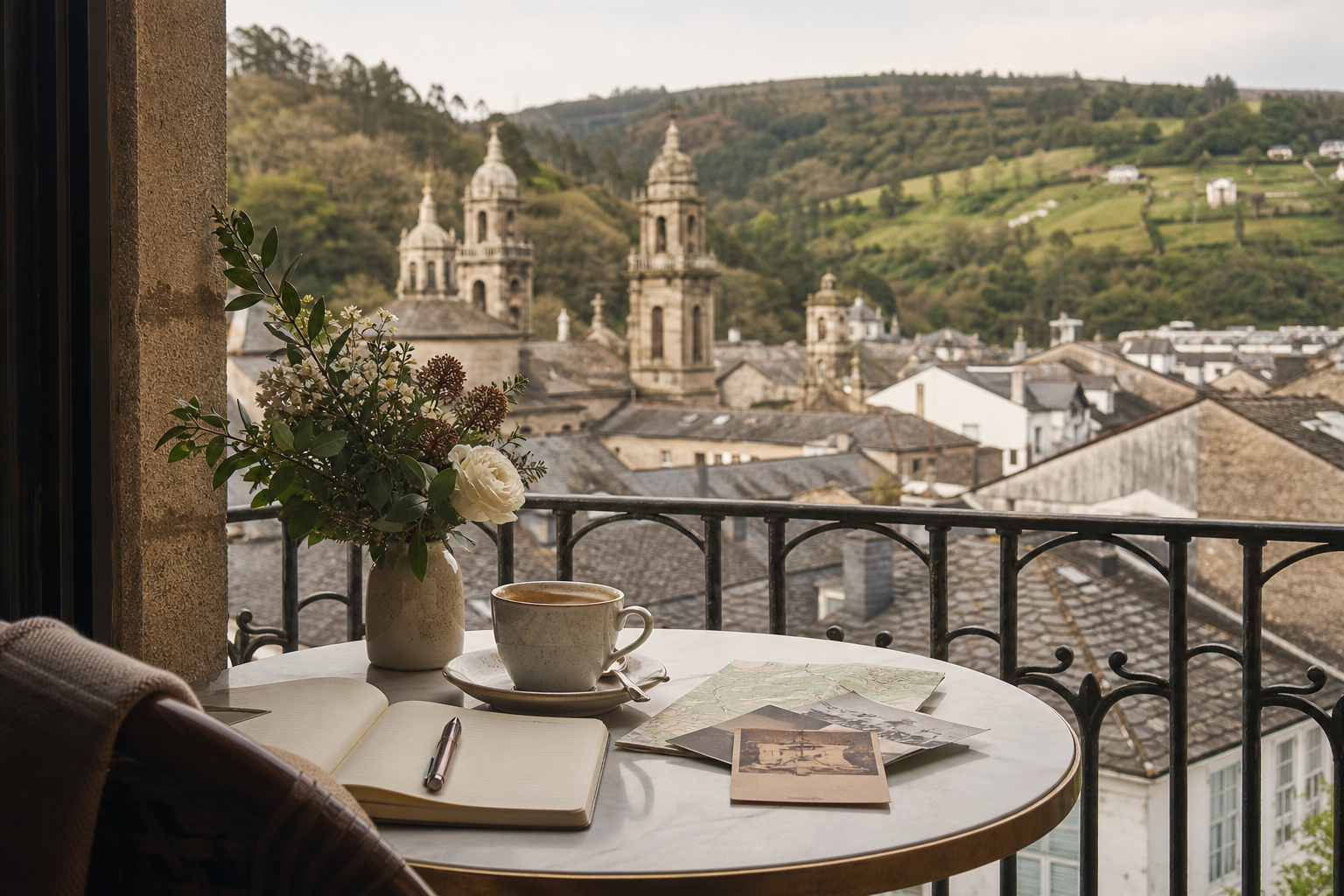 Vista tranquila de Mondoñedo desde una mesa con café y mapa