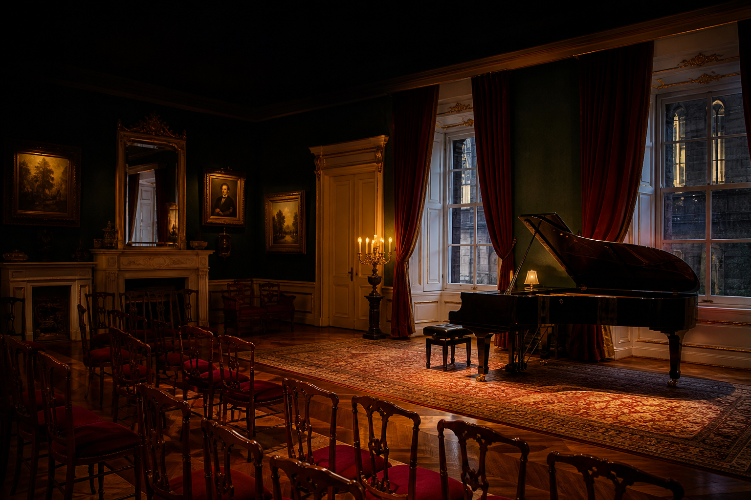 Salon historico preparado para un recital de piano intimo