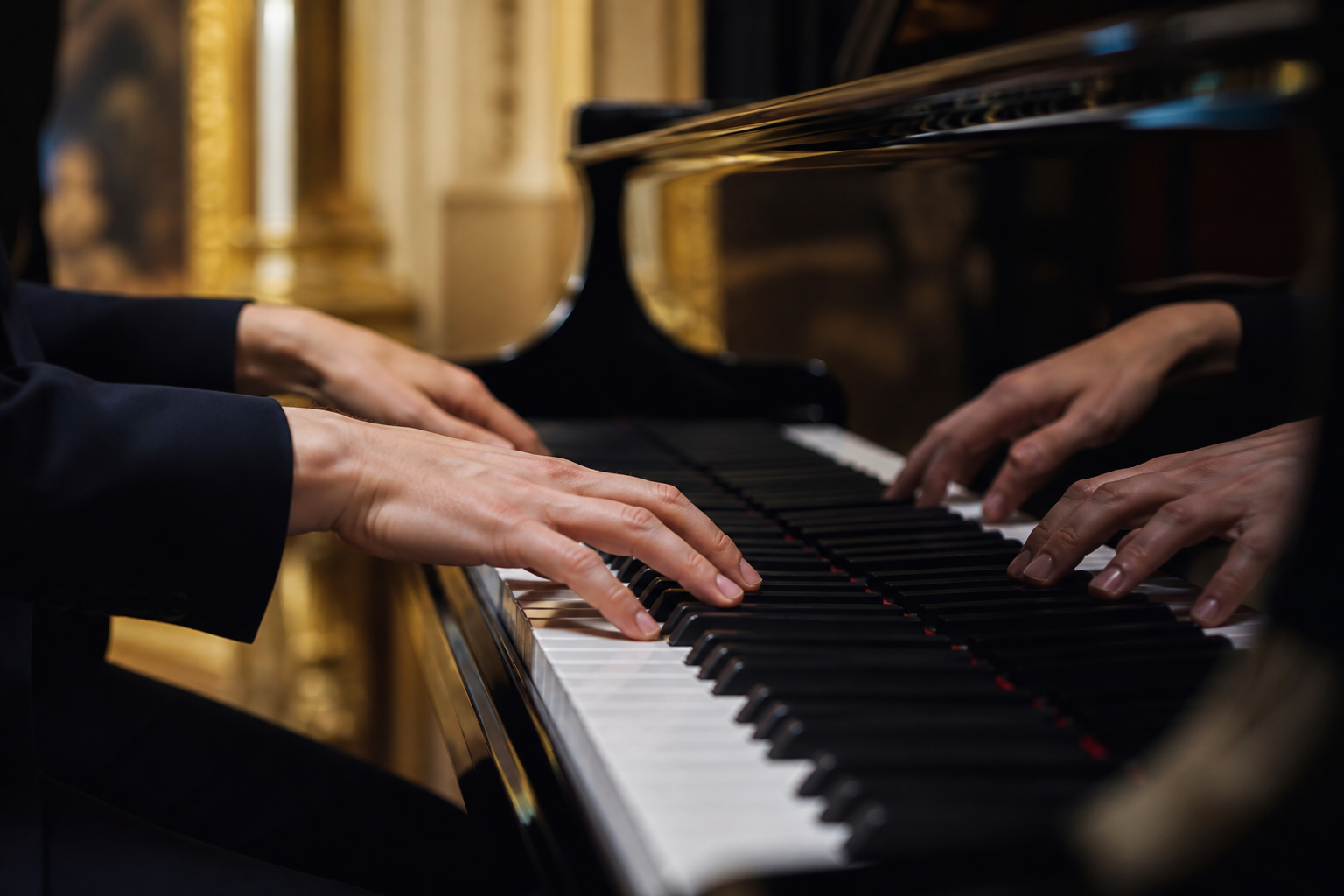 Manos al piano durante un pasaje de arpegios en un salon historico