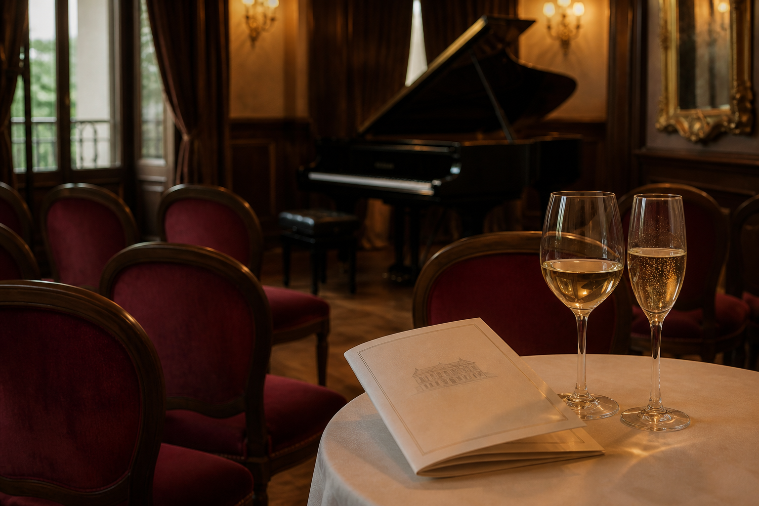 Salon despues de un recital con piano y copas de bienvenida