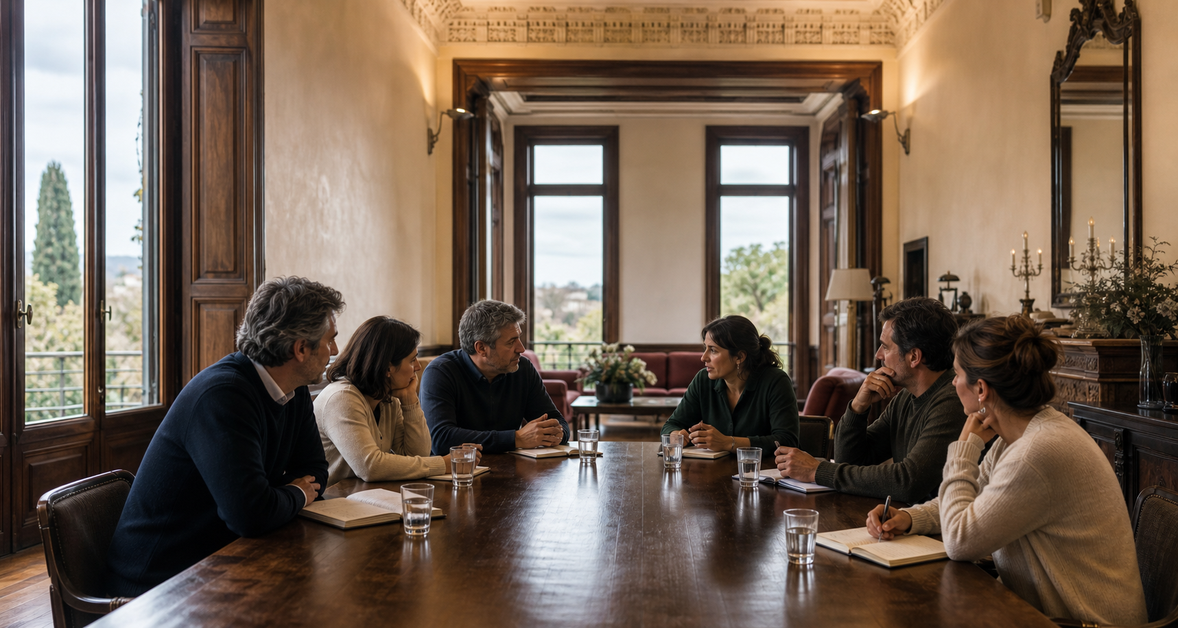 Equipo directivo reunido alrededor de una mesa en un salón histórico de Galicia
