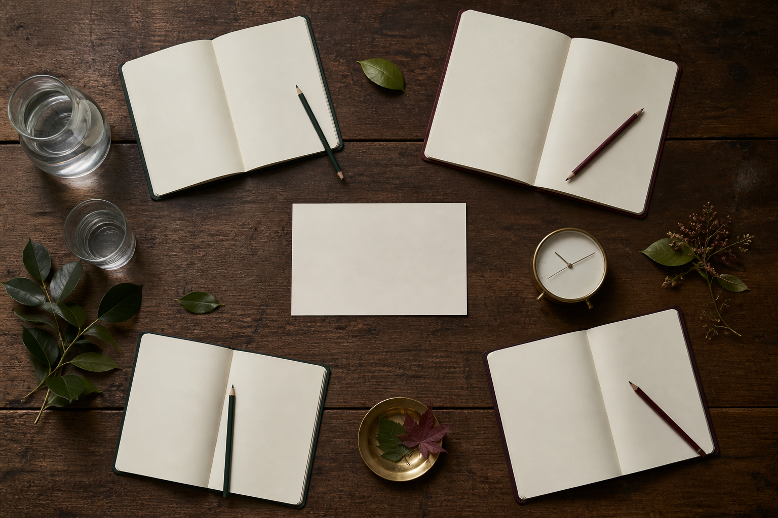 Cuadernos en blanco y reloj sobre una mesa de madera para planificar un retiro de empresa