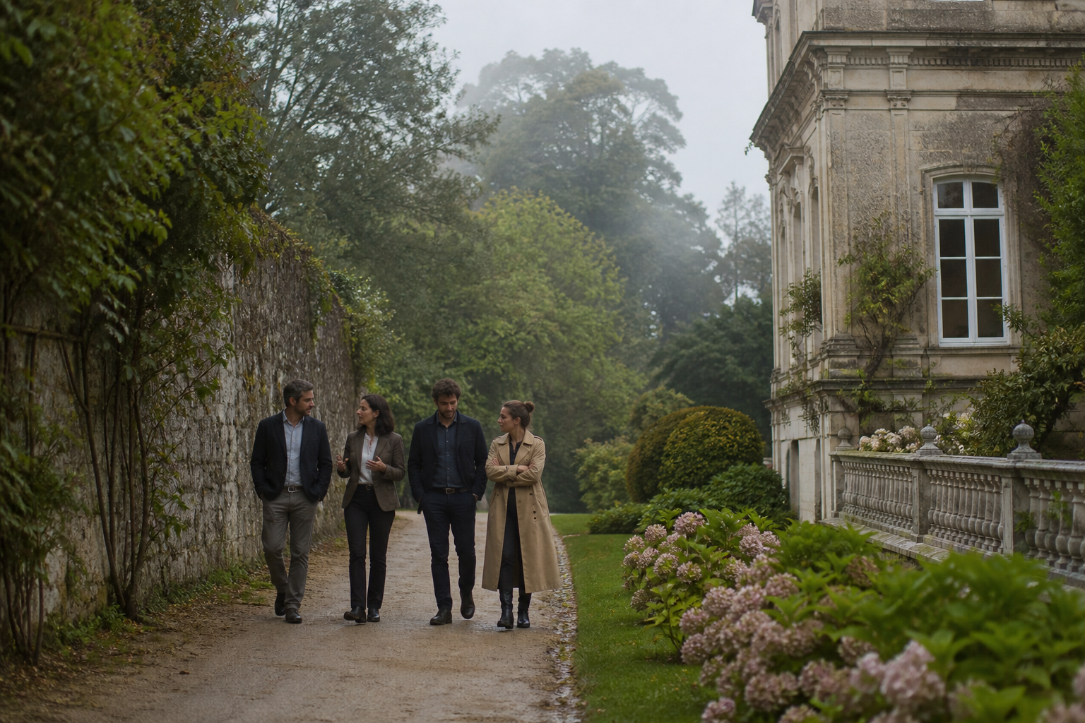 Cuatro profesionales conversan mientras caminan por un jardín histórico de Galicia