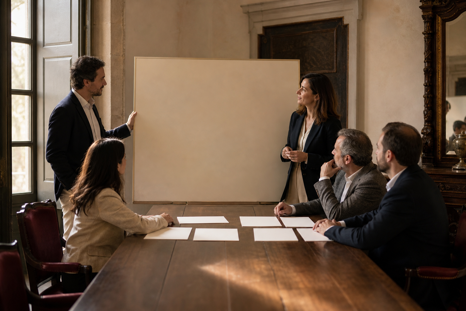Equipo revisa una síntesis final junto a un panel en blanco en un salón histórico
