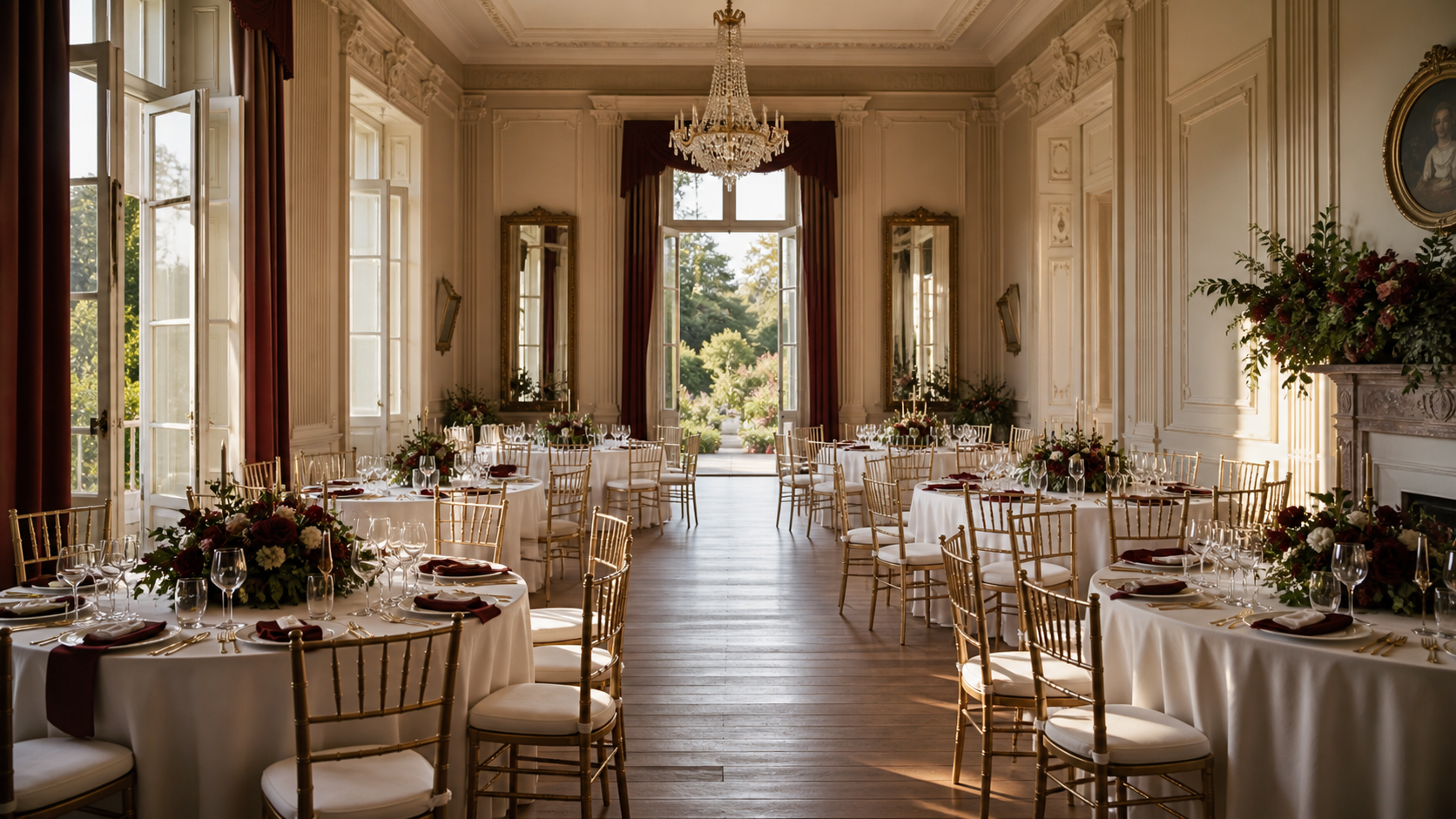 Salon historico preparado para un banquete de boda con mesas redondas