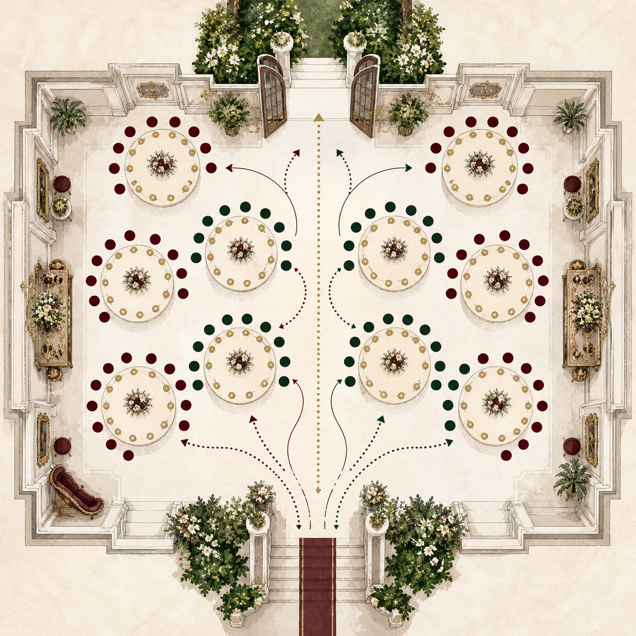 Esquema visual de mesas y circulacion para una boda