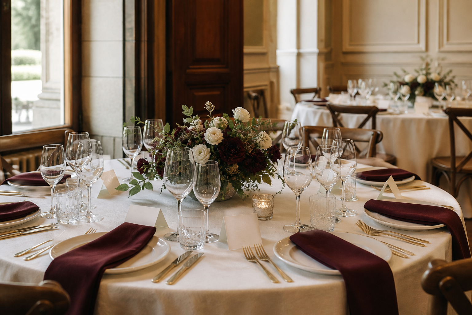 Mesa de boda elegante con tarjetas en blanco y floristeria baja