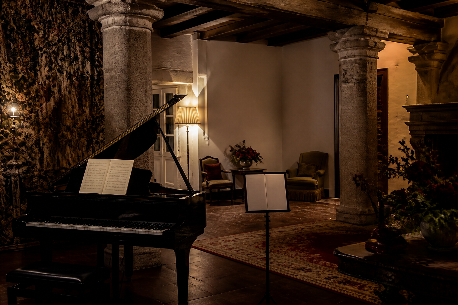 Piano en un salón histórico preparado para escuchar Petrushka de Stravinsky