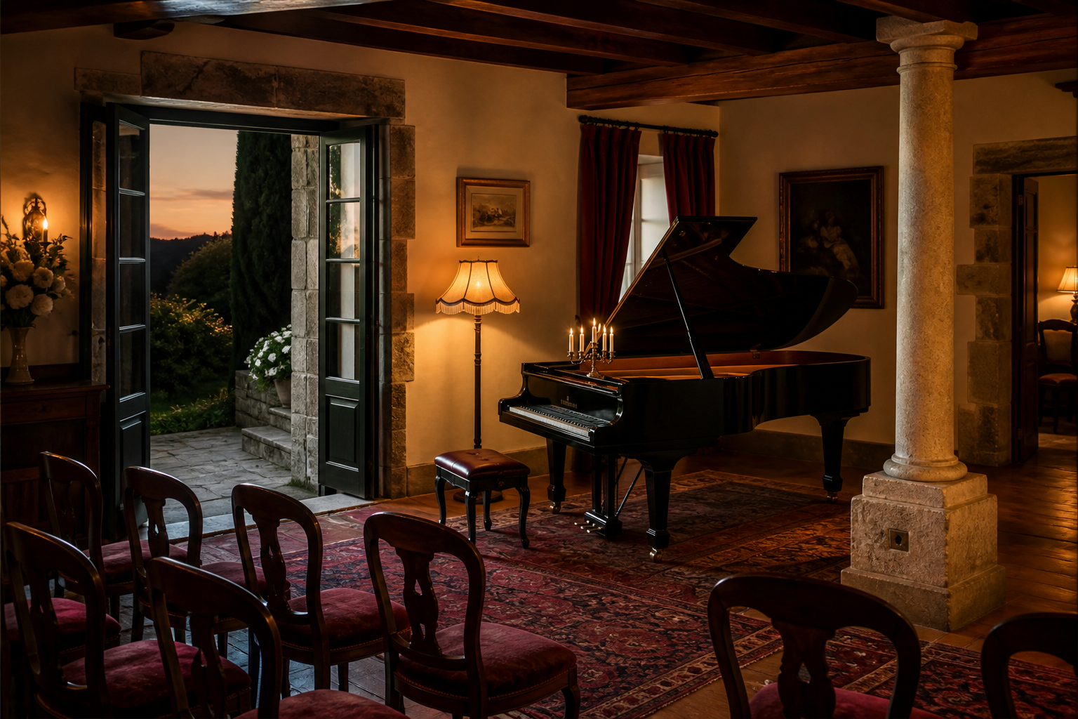 Salón histórico preparado para un recital de piano en Santa Emilia