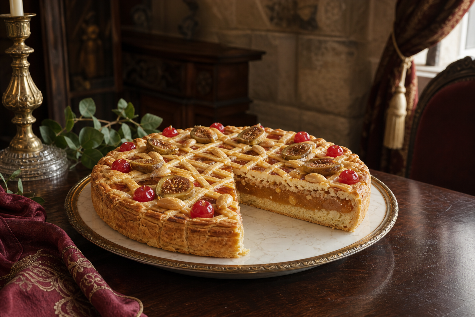 Tarta de Mondoñedo entera y una porción cortada en un interior histórico