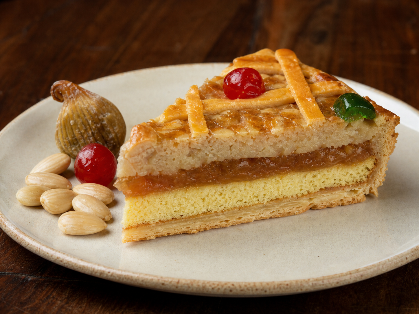 Corte de tarta de Mondoñedo con hojaldre, bizcocho, cabello de ángel y almendra