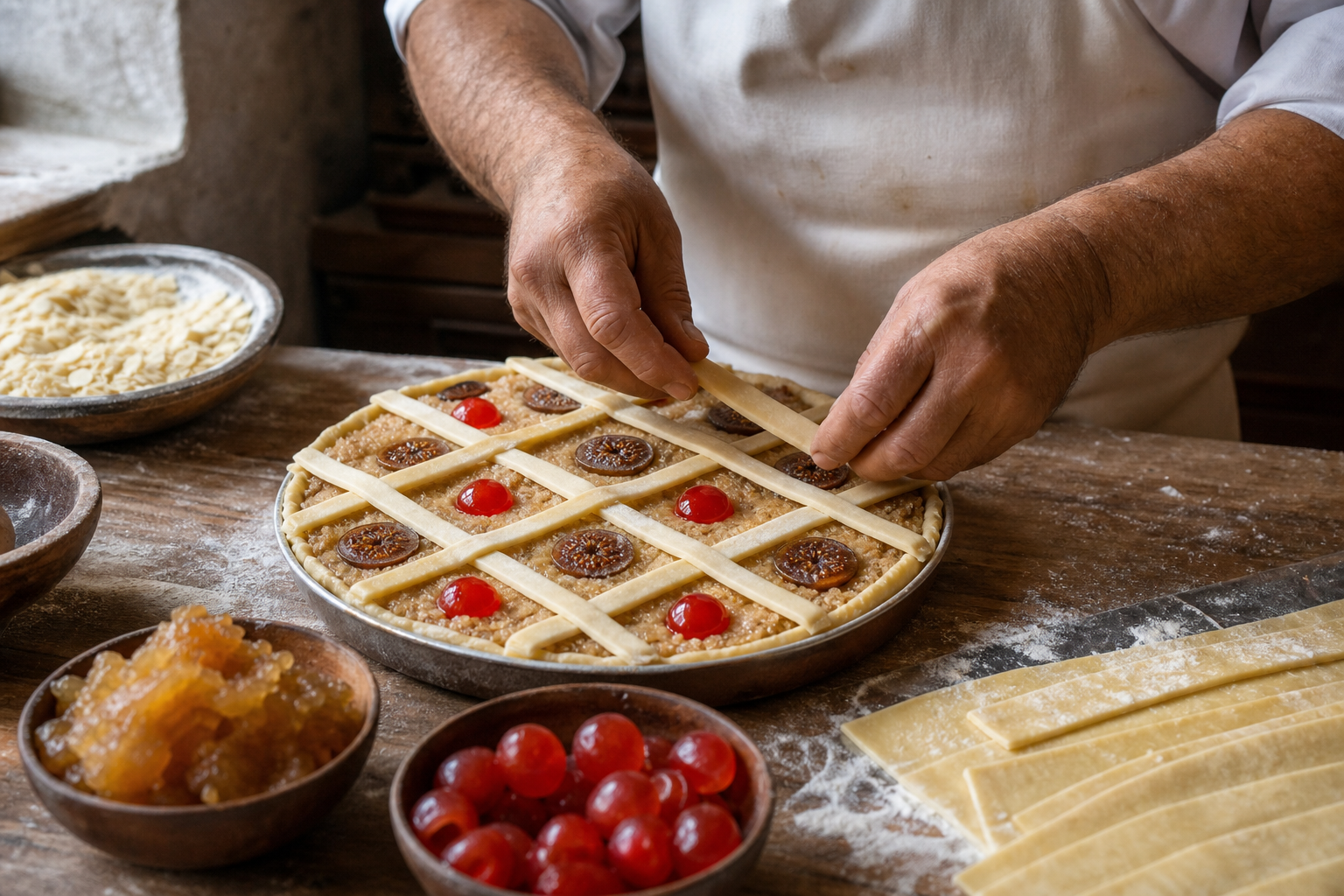 Manos artesanas formando el enrejado de hojaldre sobre una tarta de Mondoñedo
