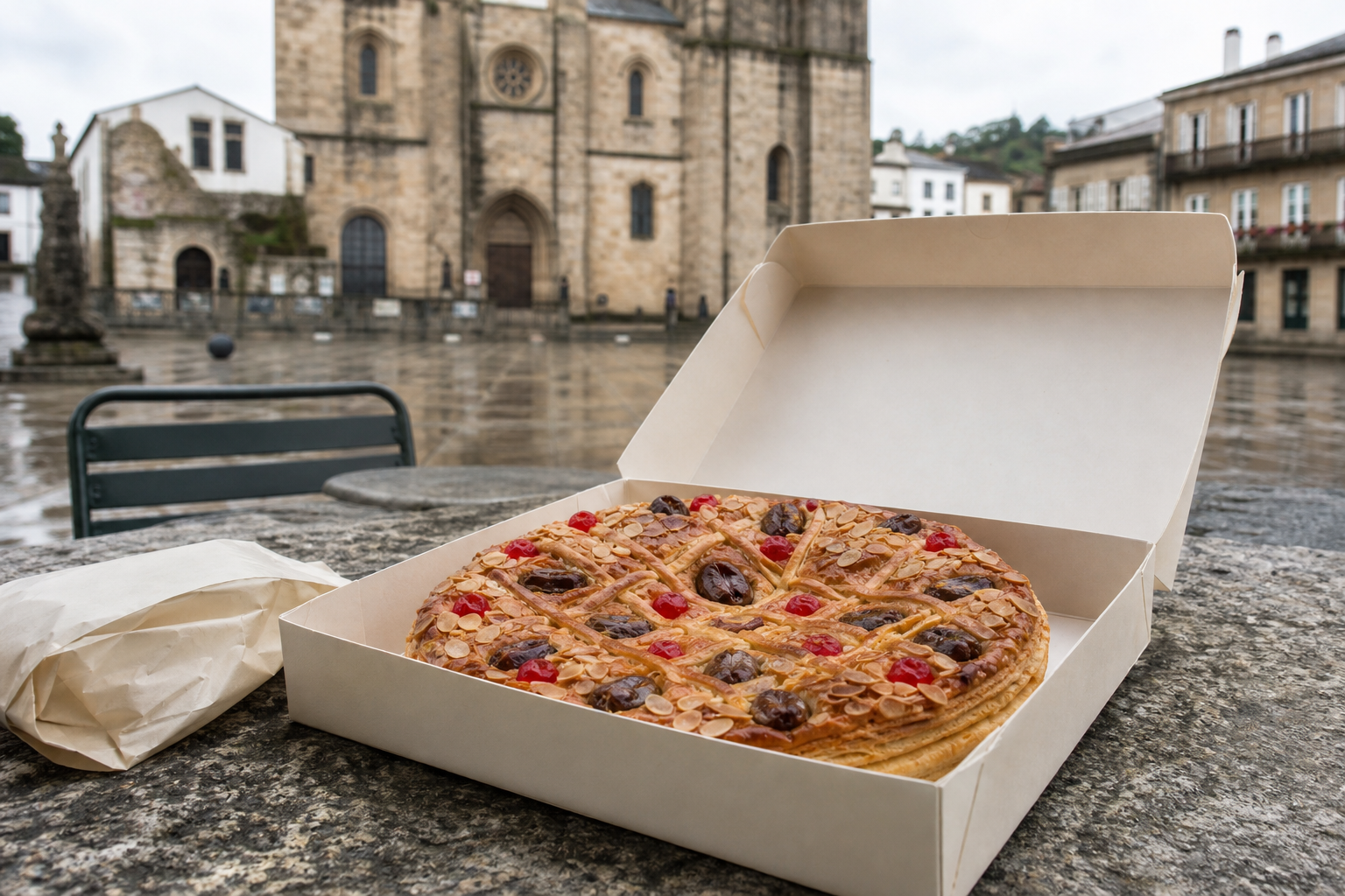 Caja de tarta de Mondoñedo en la plaza de la Catedral después de la lluvia
