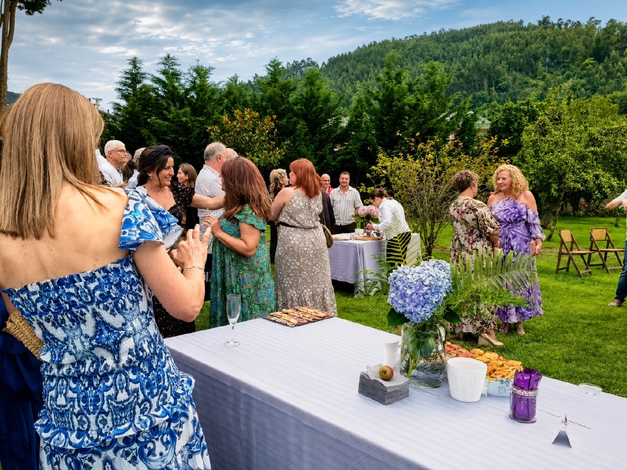 Celebración real en el jardín de Santa Emilia con mesas, invitados y paisaje de Mondoñedo
