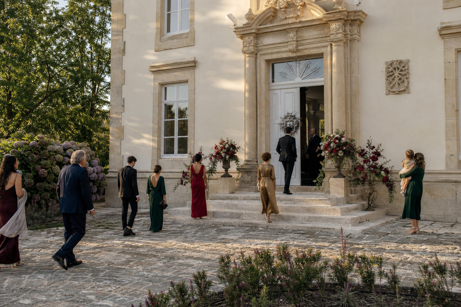 Invitados llegando a una boda en un palacete historico de Galicia