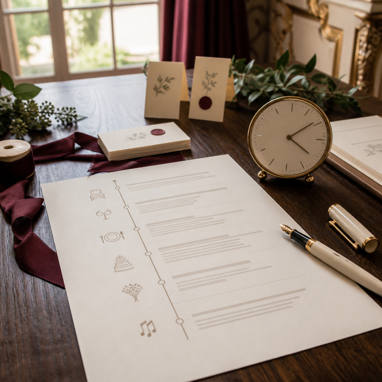 Cronograma de boda sobre mesa de madera con reloj y papeleria