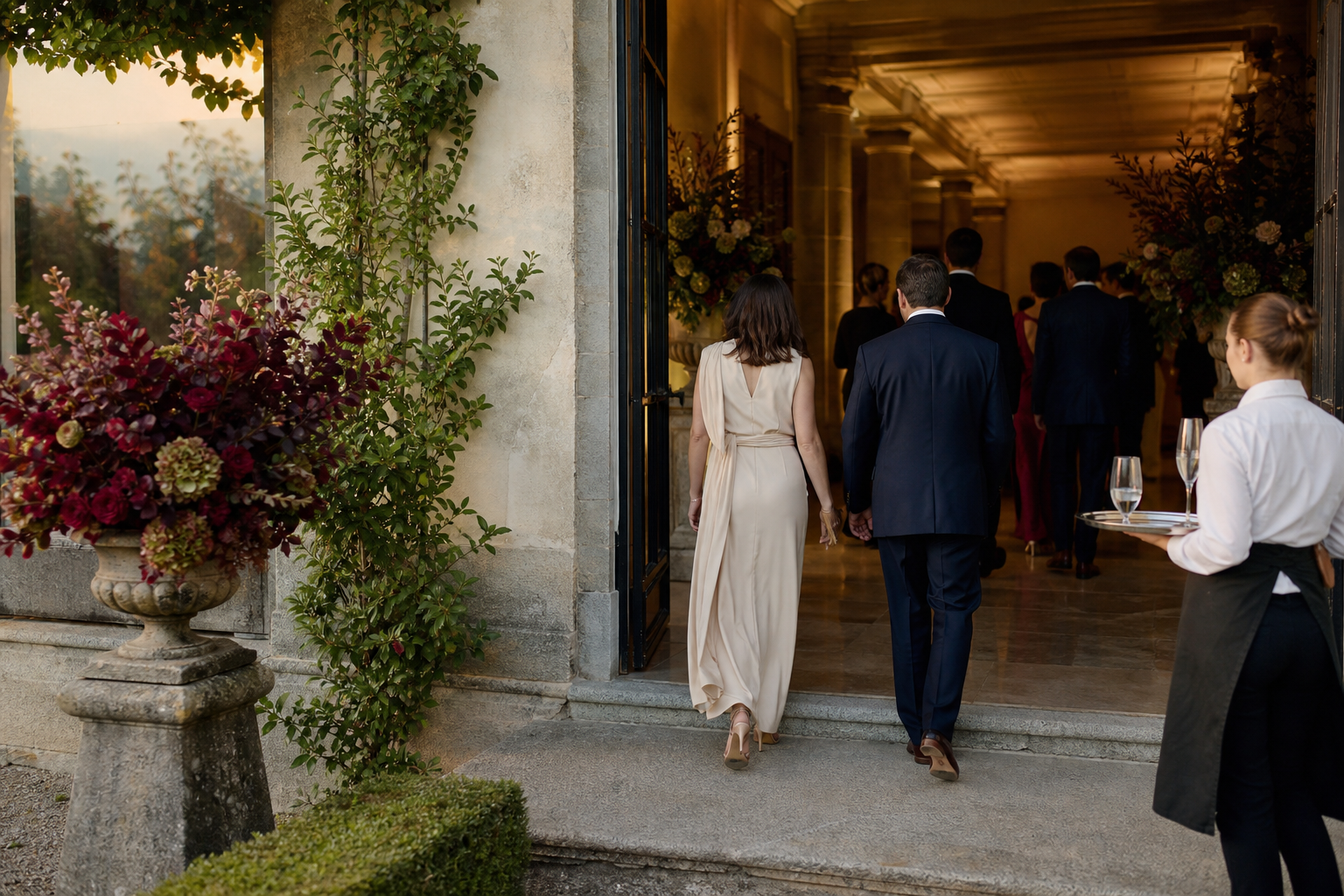Invitados pasando del jardin a un interior historico durante una boda