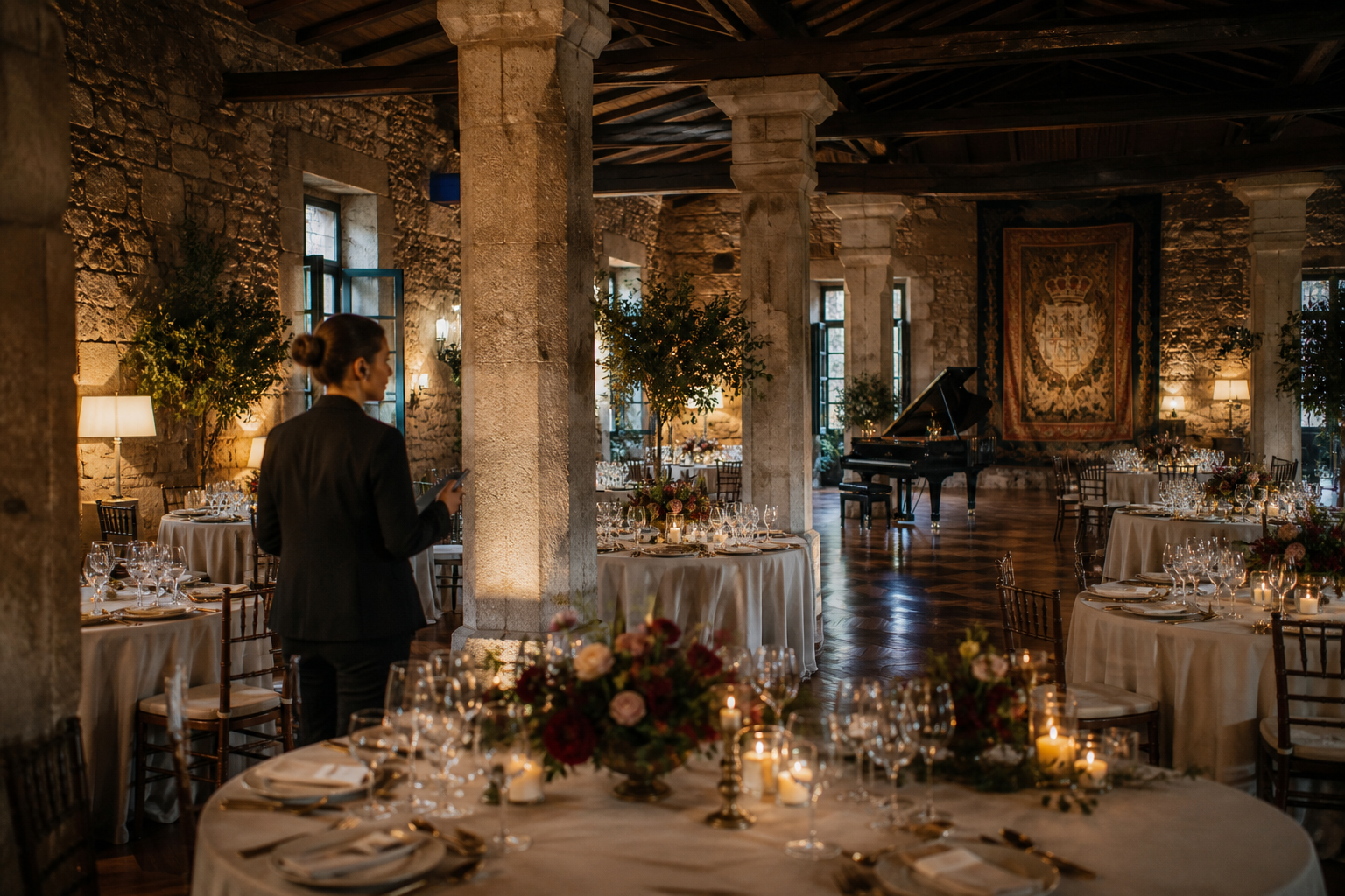Banquete de boda preparado en un salon historico con pilares y piano