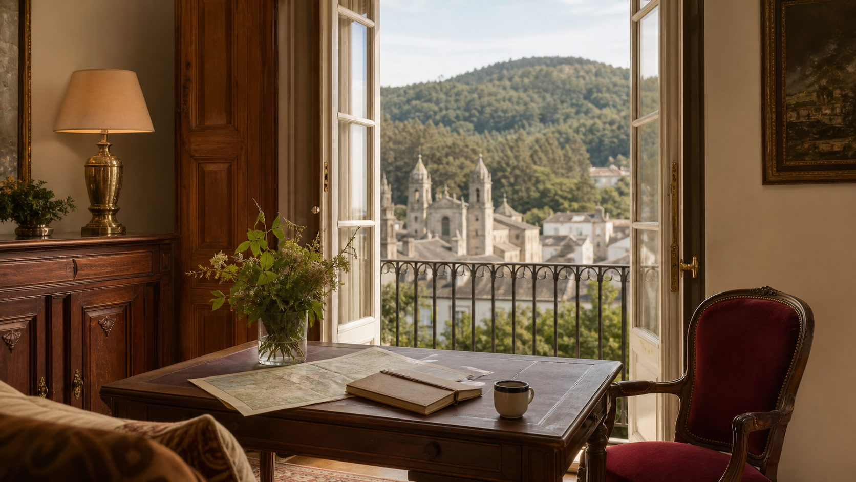 Mesa de viaje abierta hacia el paisaje verde de Mondoñedo