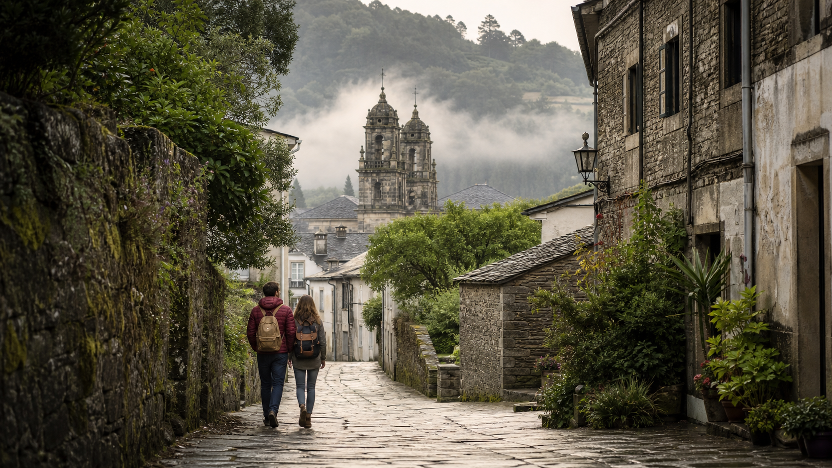 Pareja caminando por una calle de piedra hacia Mondoñedo
