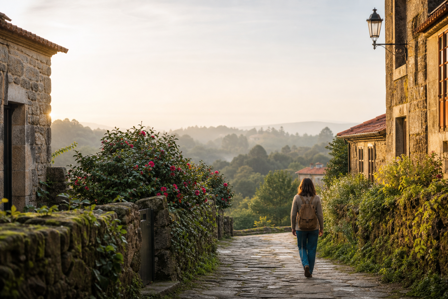 Viajera recorriendo sin prisa una calle de piedra en Galicia