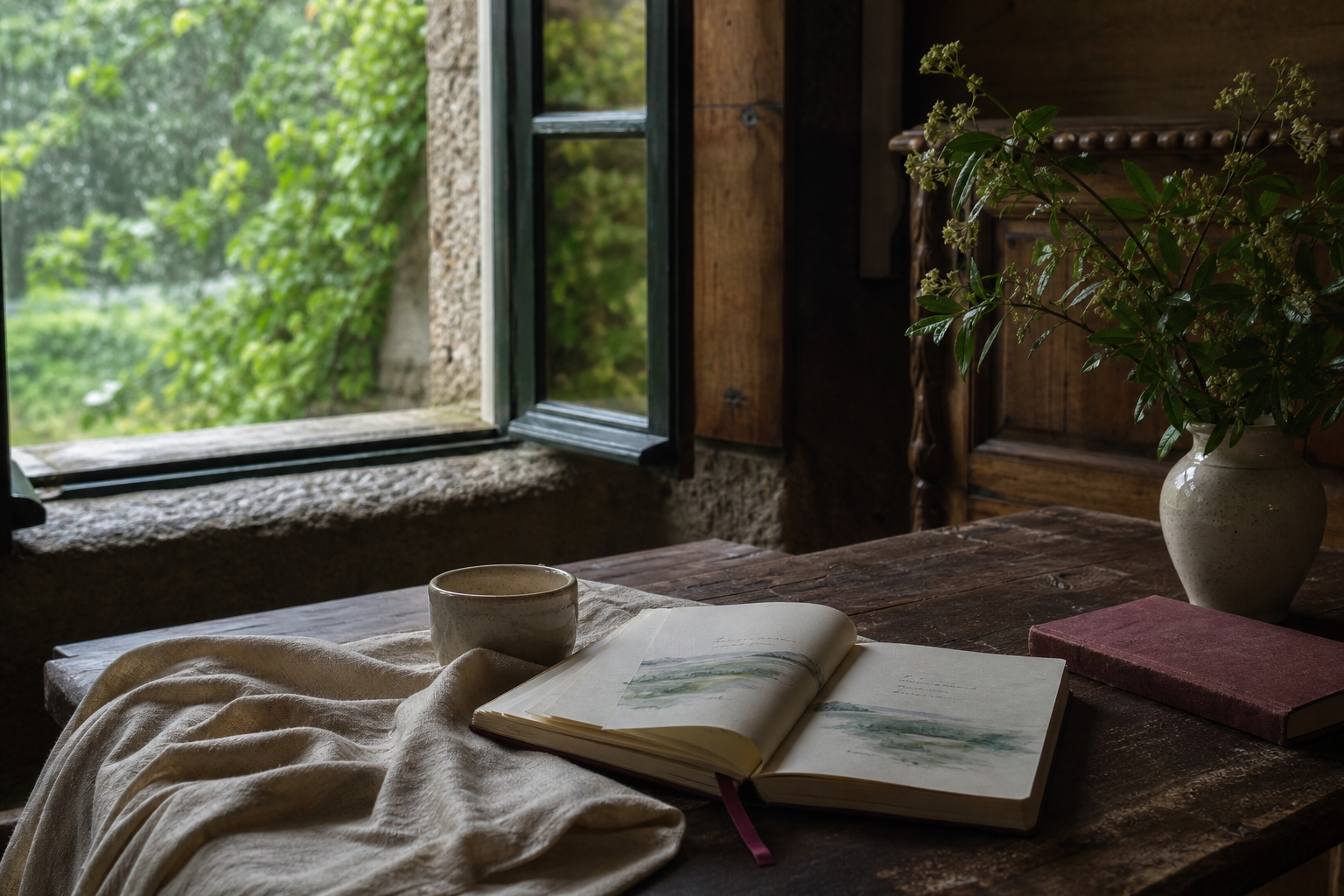 Cuaderno de viaje y taza junto a una ventana abierta a la vegetación