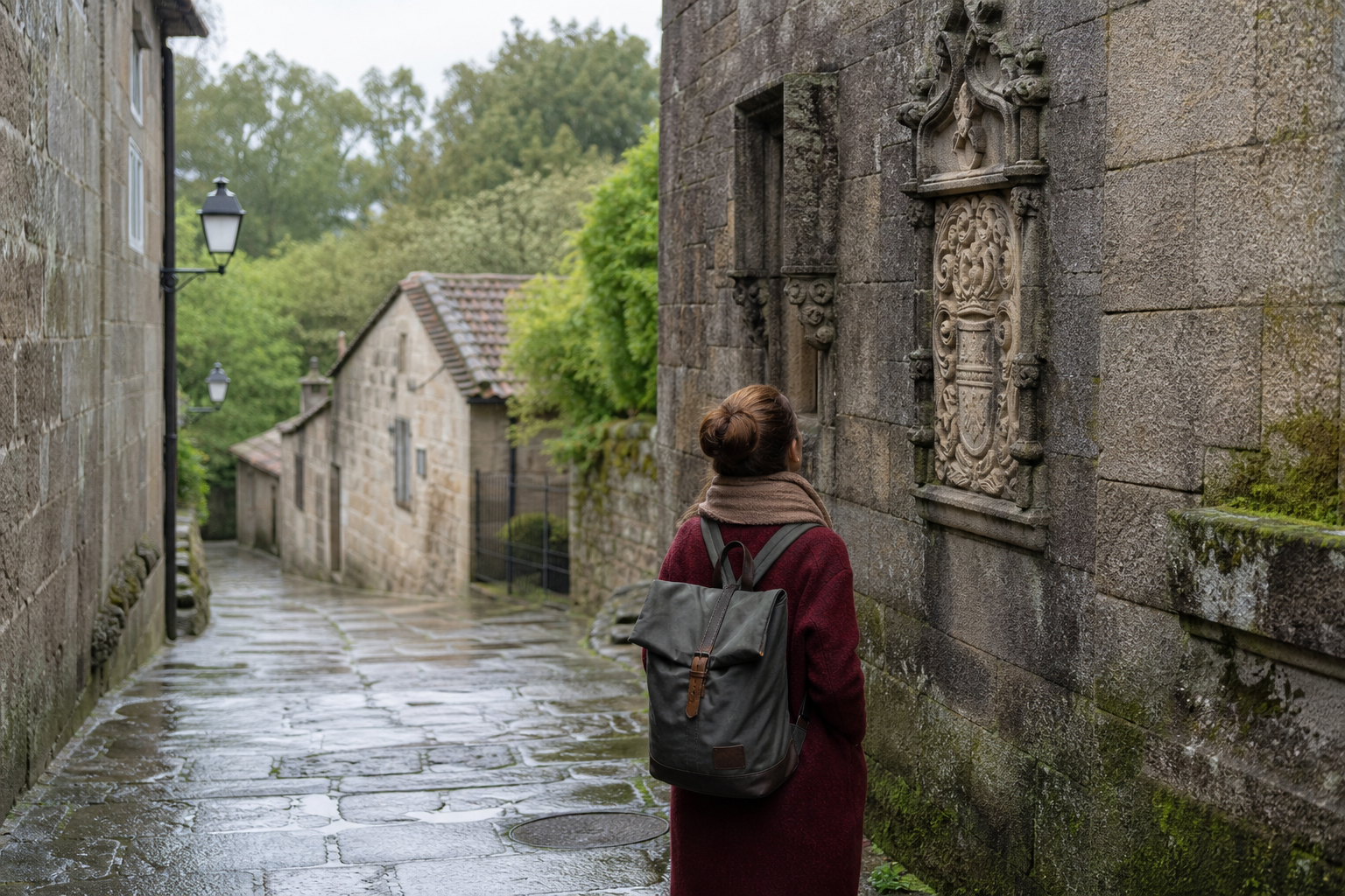 Viajera observando cantería en una calle histórica gallega