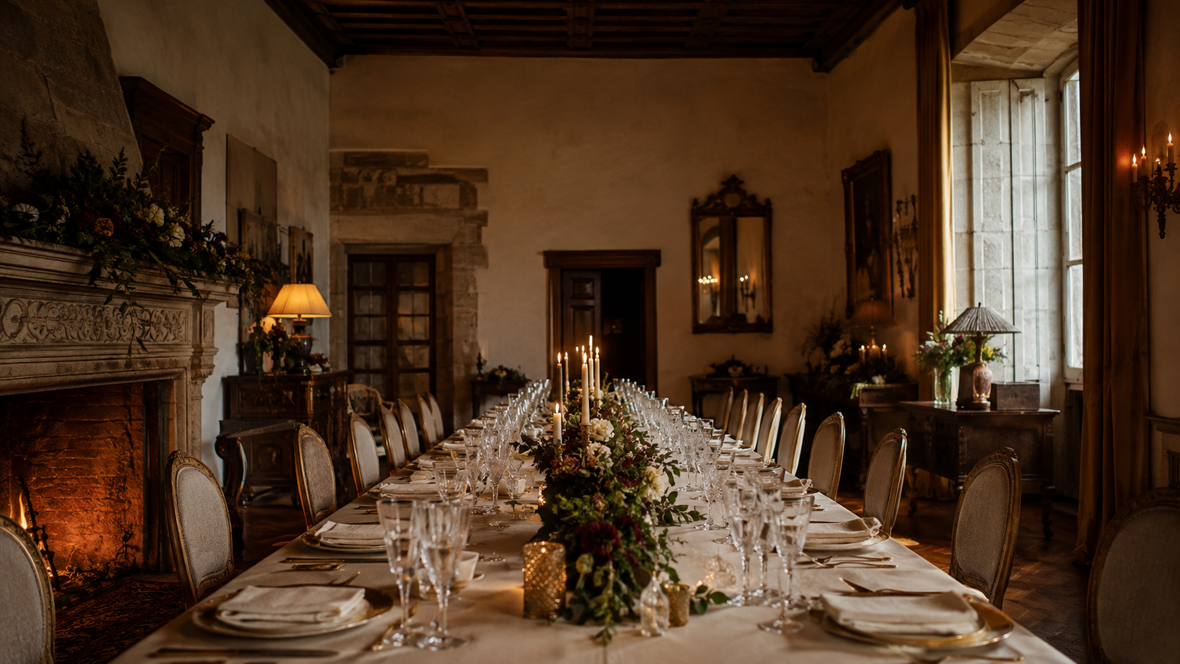 Mesa de banquete de boda en un salon historico de Galicia