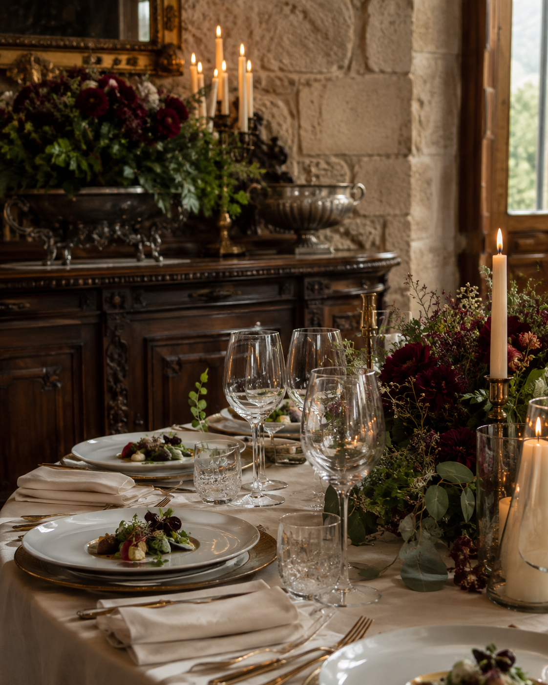 Detalle de servicio de mesa con velas y cristaleria