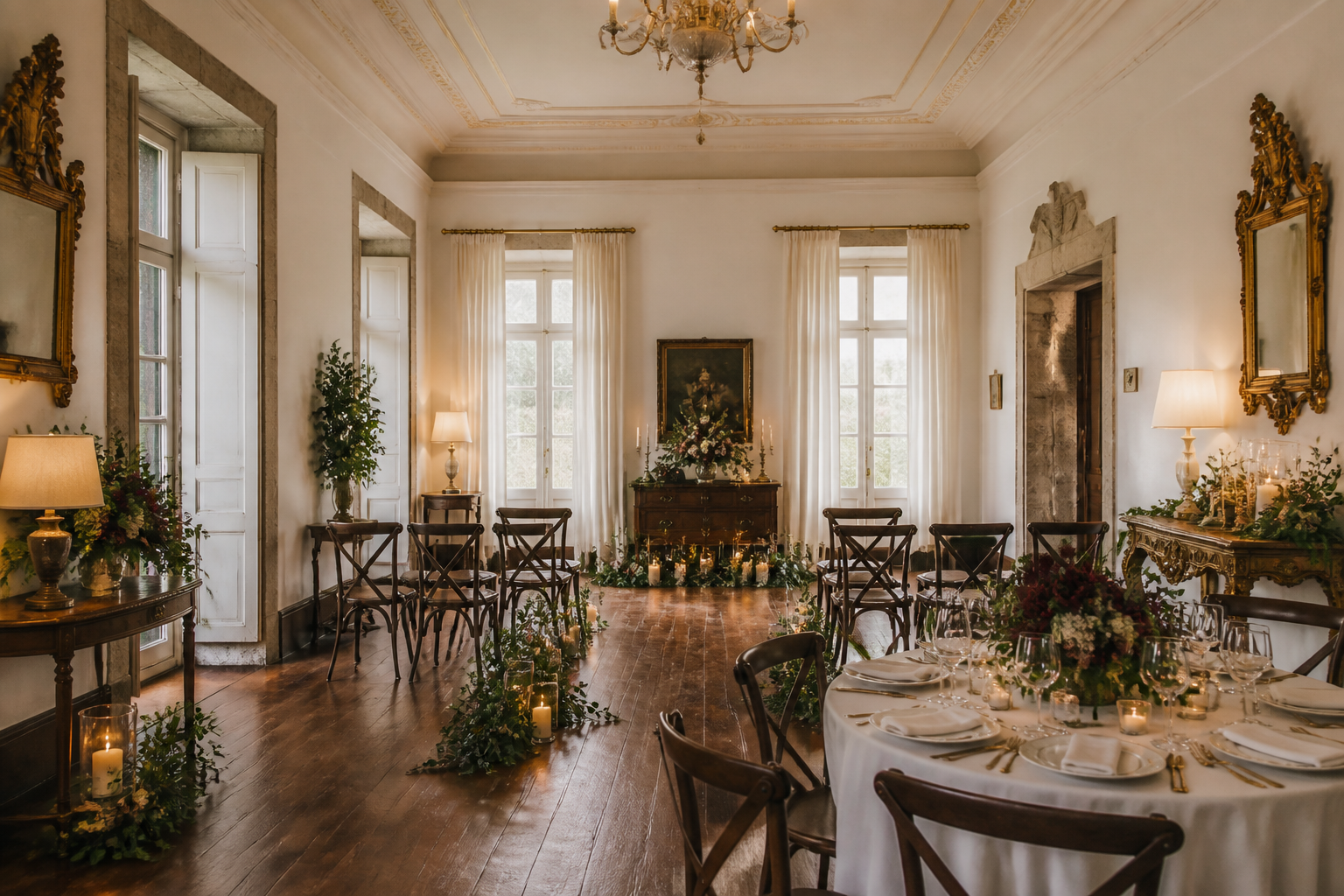 Salón histórico preparado para una boda íntima con flores y luz natural