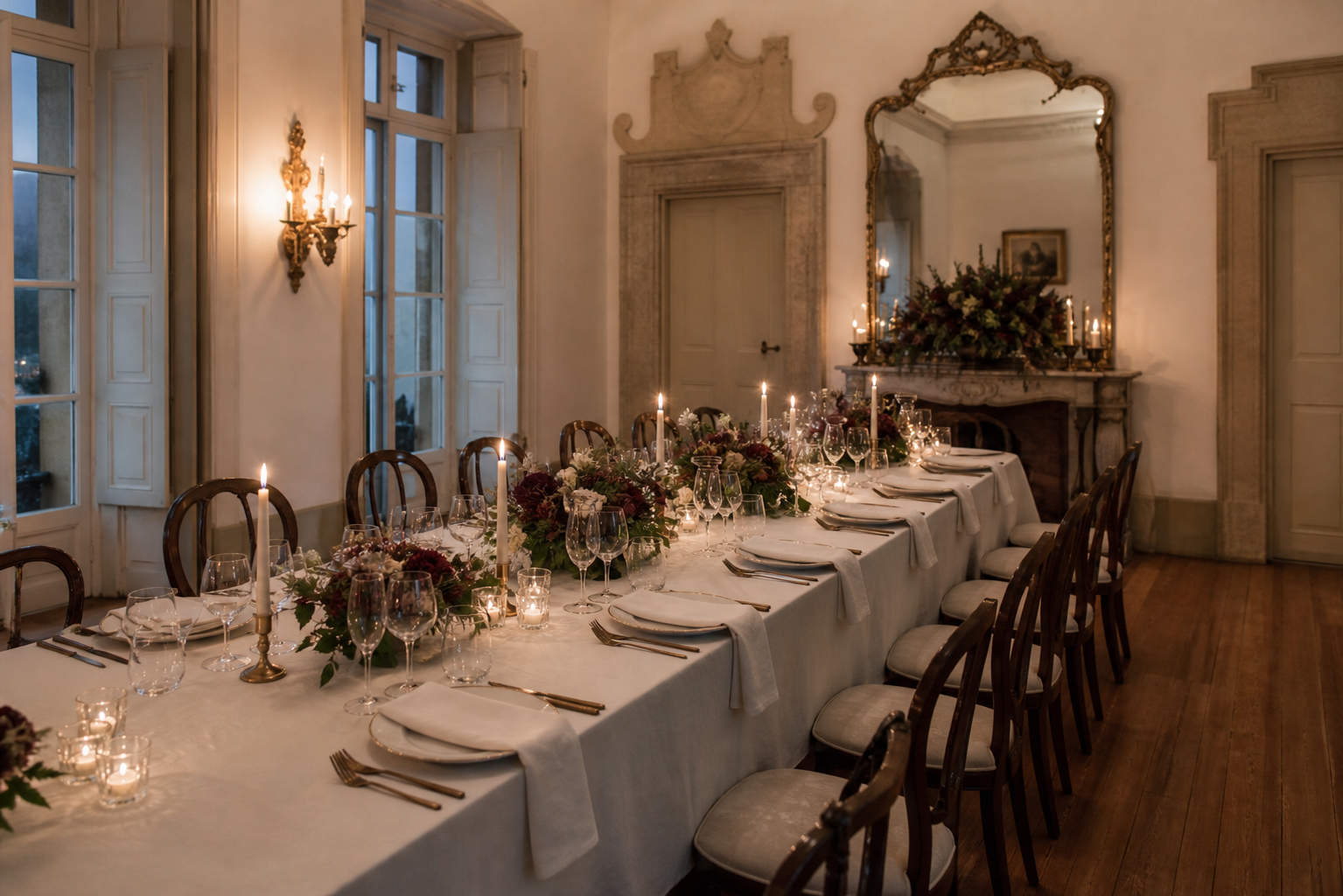 Mesa larga con velas y flores para una celebración íntima