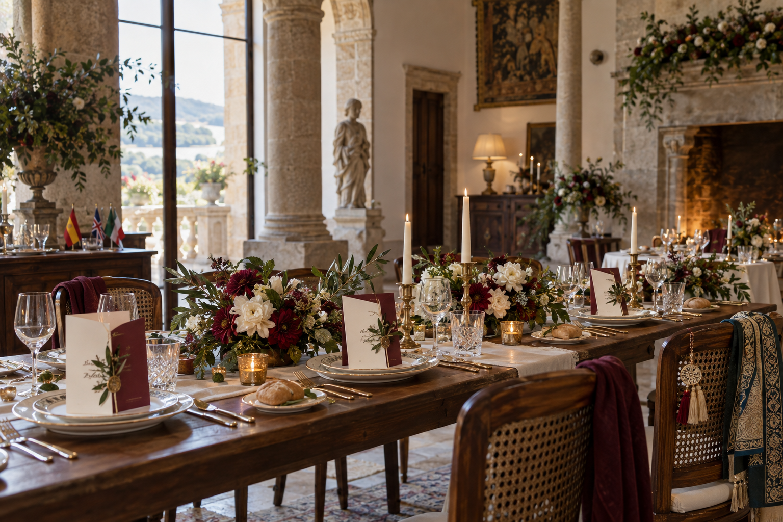 Mesa preparada para una boda multicultural en un palacio gallego