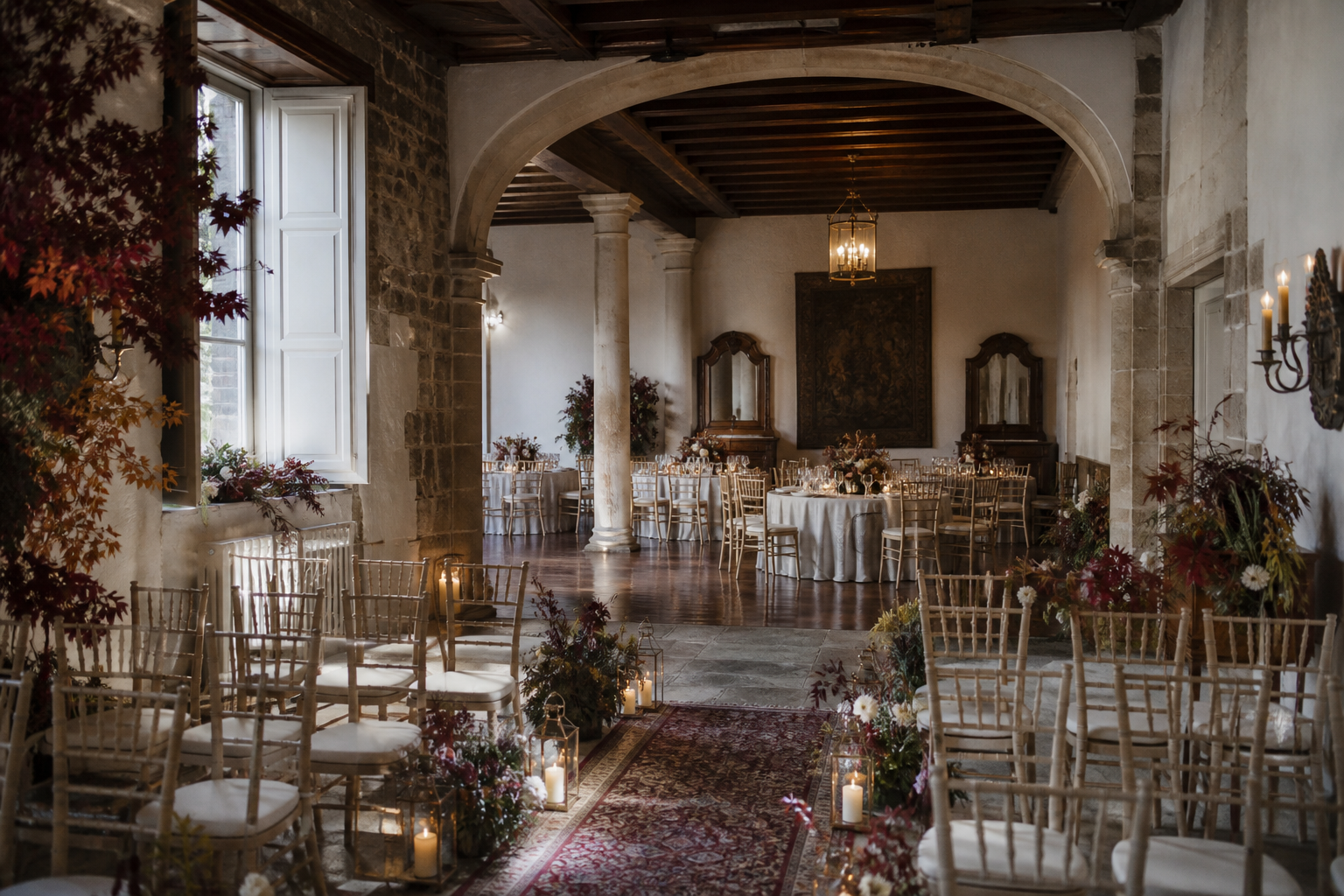 Salon historico preparado para una boda de otoño en Galicia