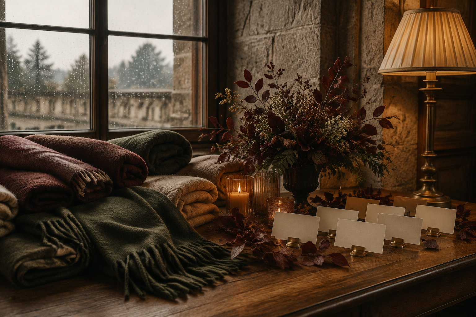 Chales velas y flores para invitados en una boda de otoño