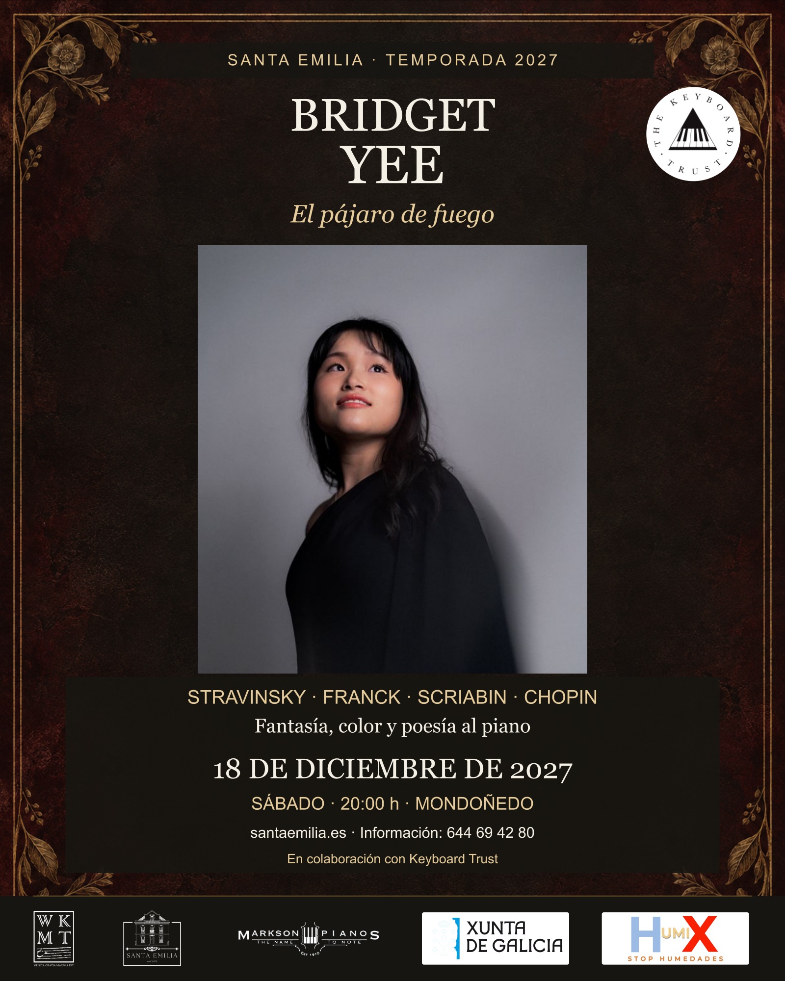Bridget Yee — El pájaro de fuego. 18 de diciembre de 2027, 20:00. Cartel con sello oficial Keyboard Trust.