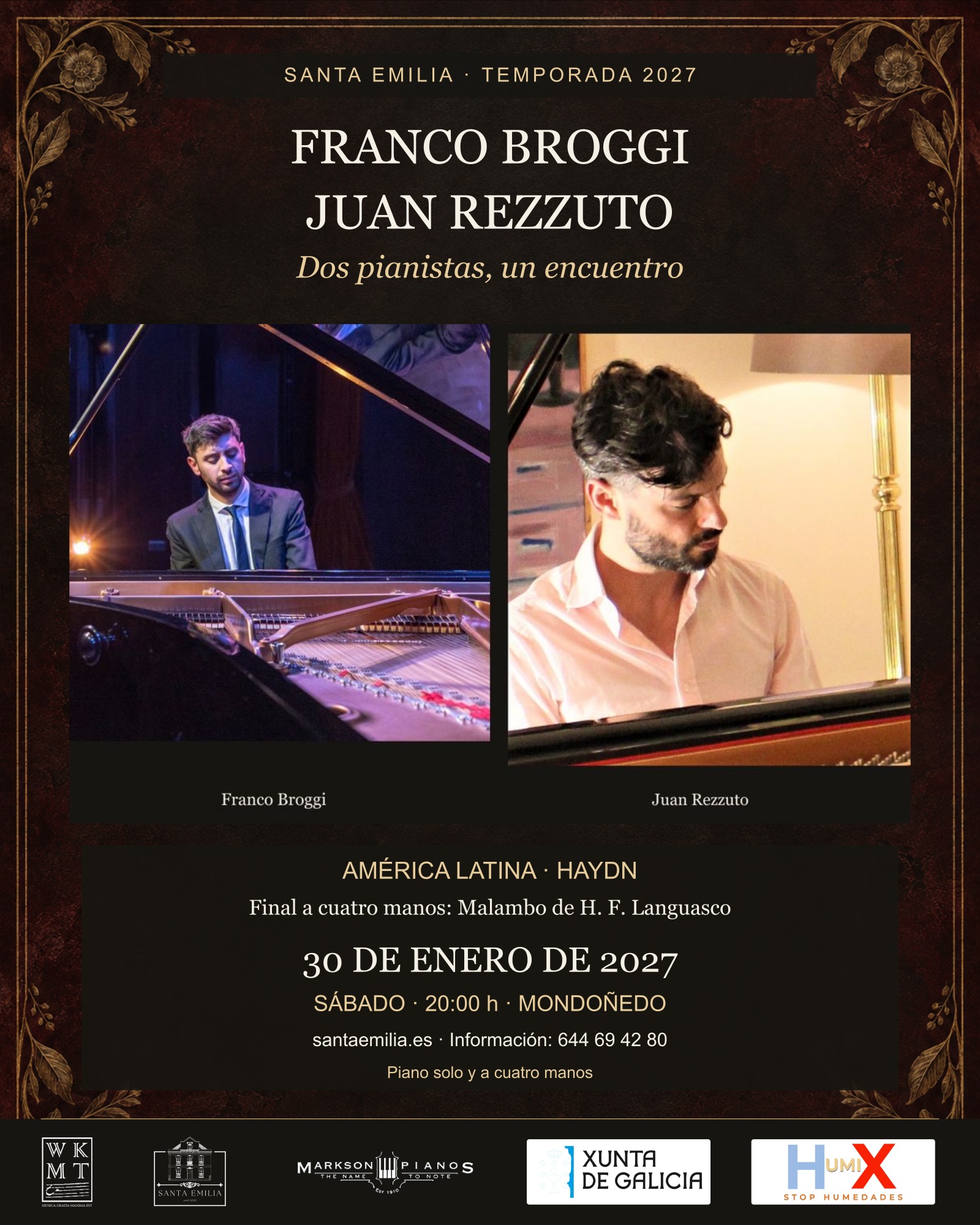Franco Broggi y Juan Rezzuto — Dos pianistas, un encuentro. Santa Emilia, 30 de enero de 2027, 20:00 h.